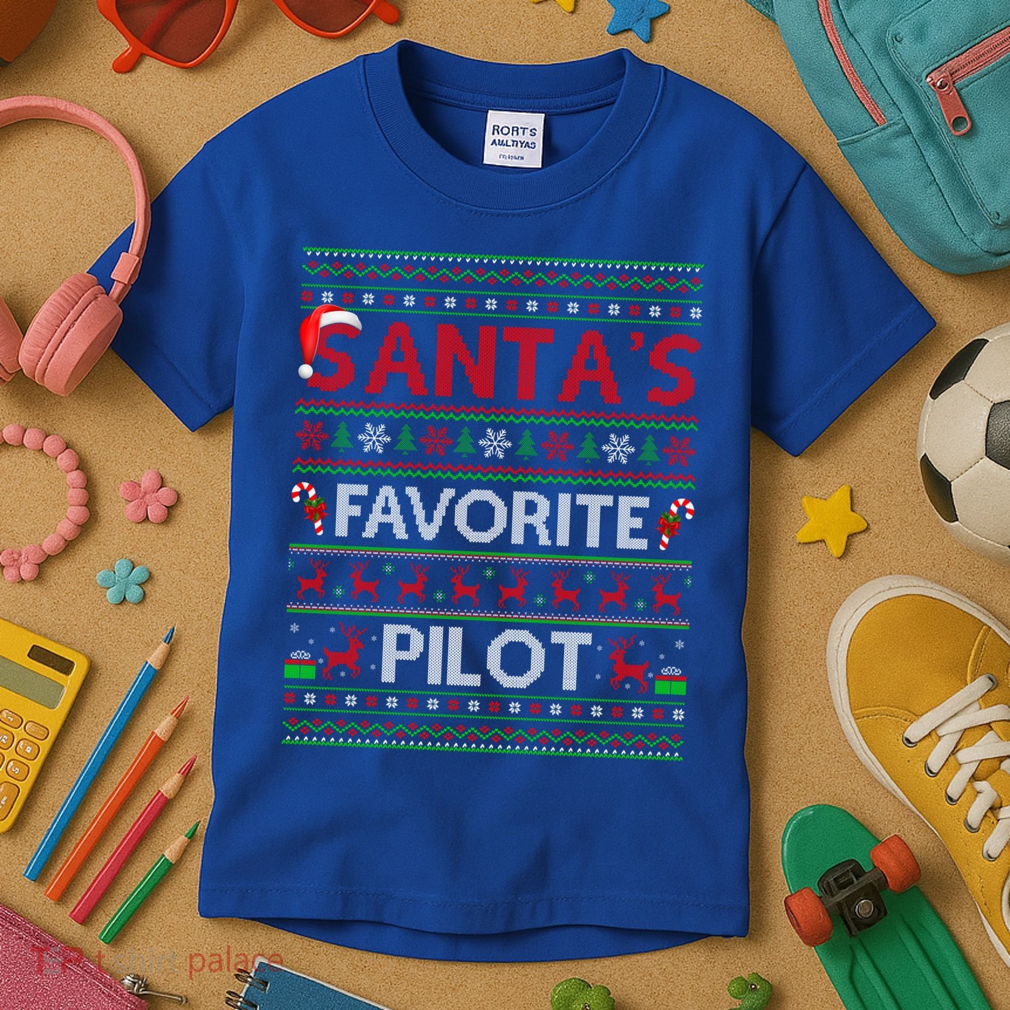Ugly Xmas Lighting Santa's Favorite Pilot Christmas Funny Gift Kids T-Shirt