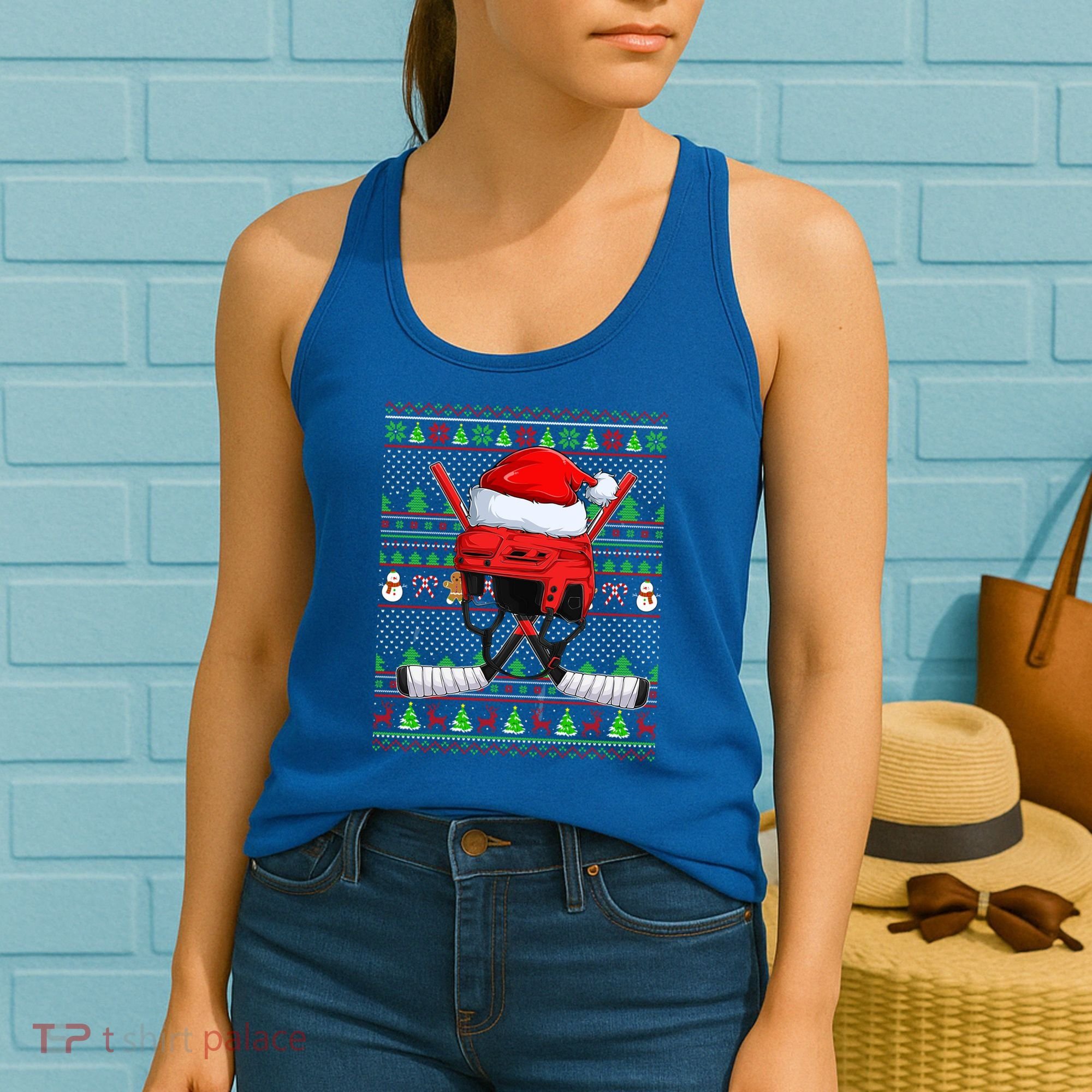 Ugly Xmas Sweater Style Lighting Hockey Christmas Gift Women's Tank Top