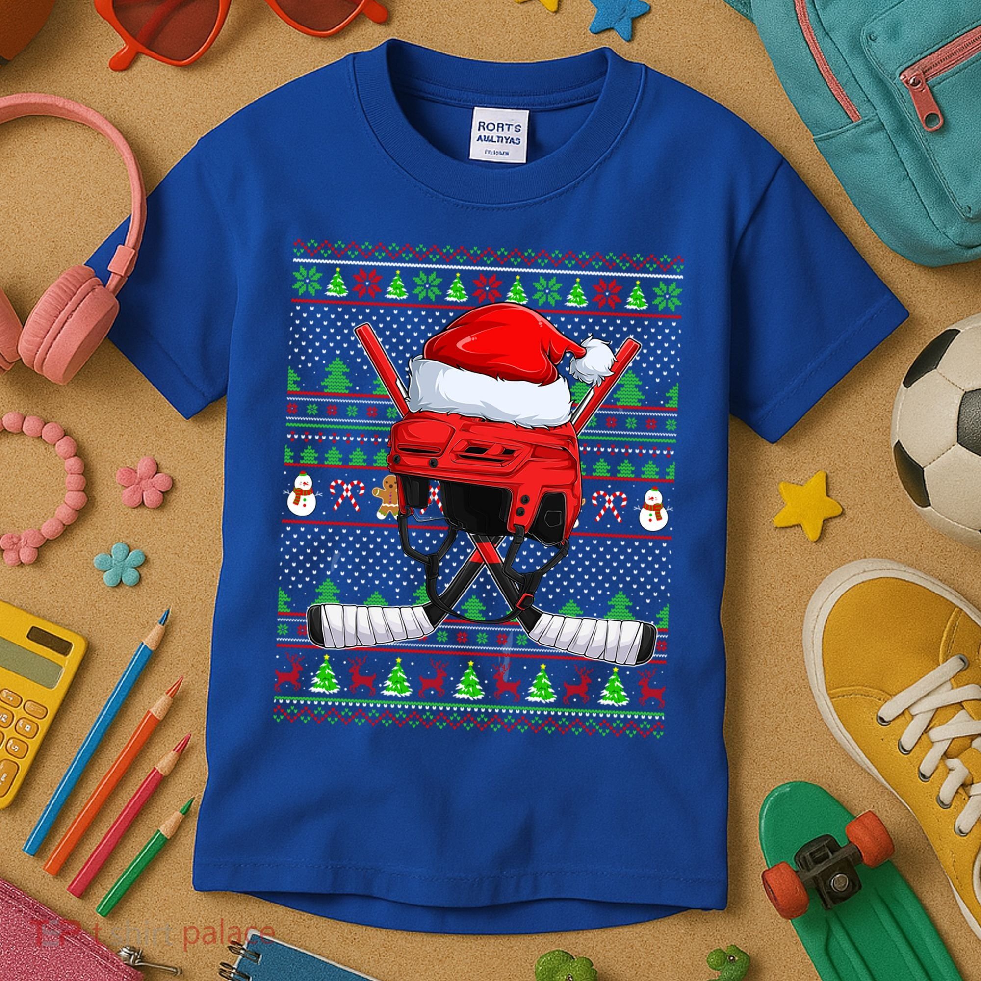 Ugly Xmas Sweater Style Lighting Hockey Christmas Gift Kids T-Shirt