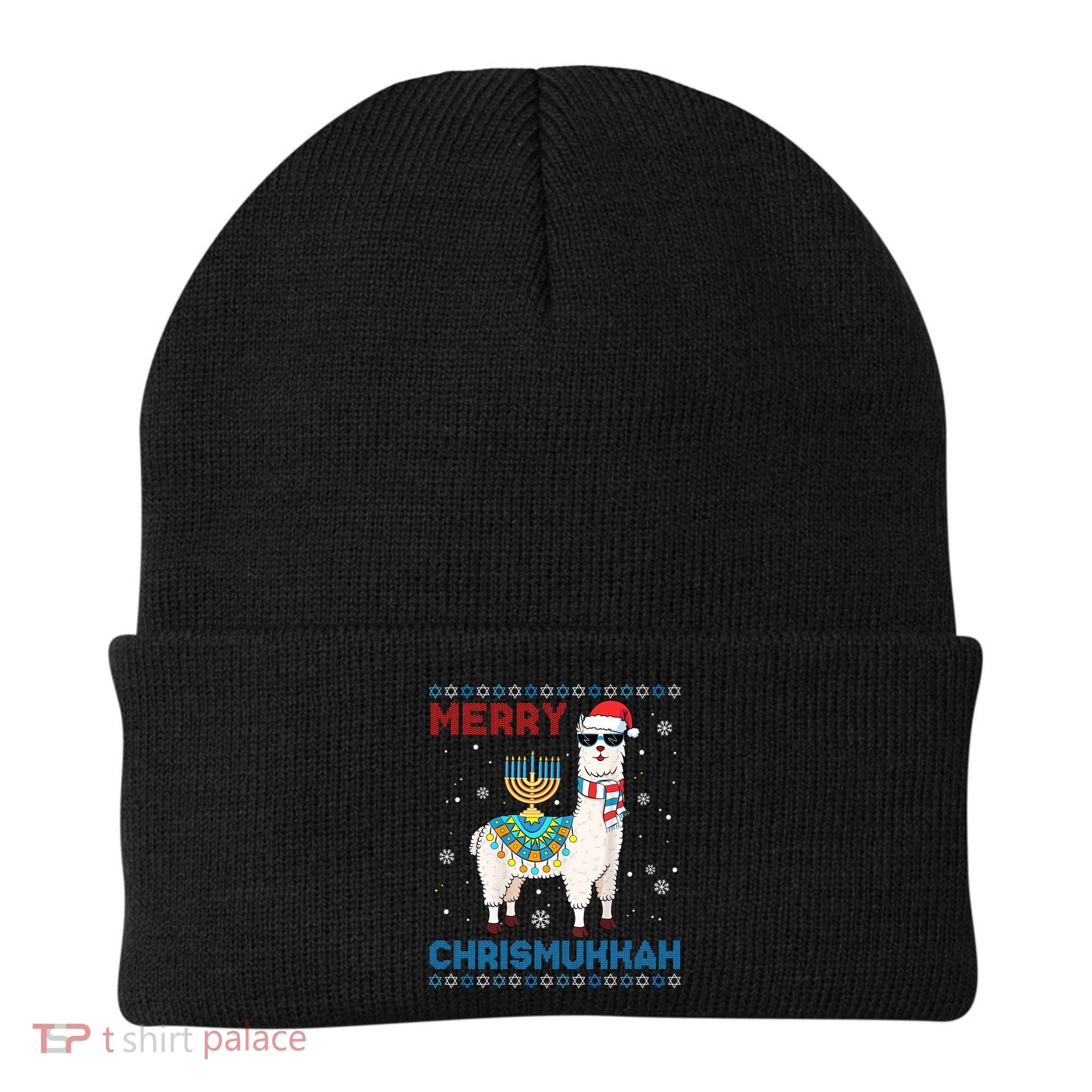 Ugly Xmas Sweater Merry Chrismukkah Cute Llama In Santa Hat Gift Beanie