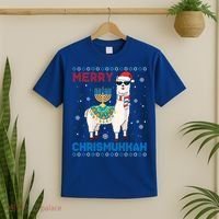 Ugly Xmas Sweater Merry Chrismukkah Cute Llama In Santa Hat Gift T-Shirt thumb 2