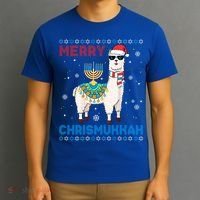 Ugly Xmas Sweater Merry Chrismukkah Cute Llama In Santa Hat Gift T-Shirt thumb 3