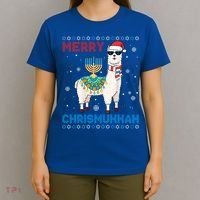 Ugly Xmas Sweater Merry Chrismukkah Cute Llama In Santa Hat Gift T-Shirt thumb 4