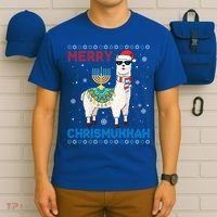Ugly Xmas Sweater Merry Chrismukkah Cute Llama In Santa Hat Gift T-Shirt thumb 6