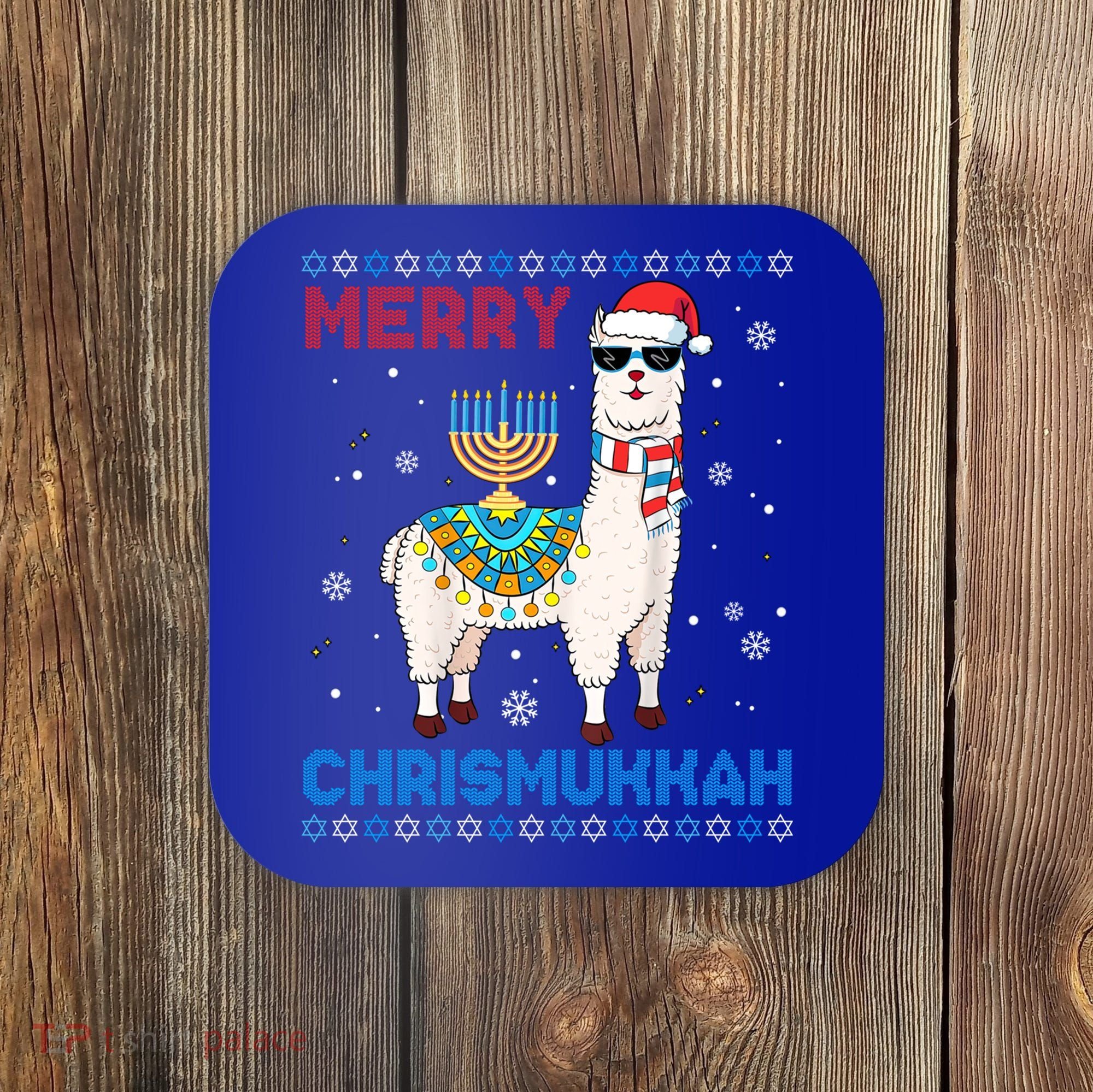 Ugly Xmas Sweater Merry Chrismukkah Cute Llama In Santa Hat Gift Coaster