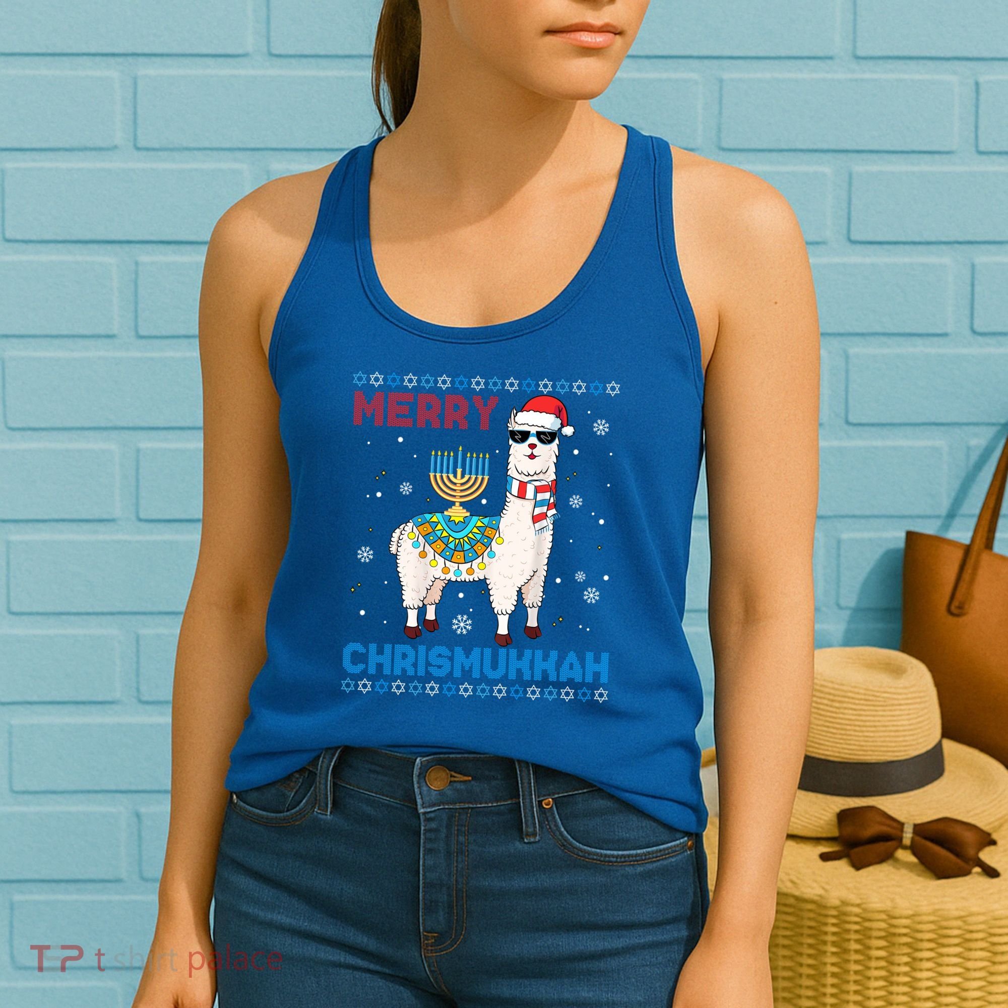 Ugly Xmas Sweater Merry Chrismukkah Cute Llama In Santa Hat Gift Women's Tank Top