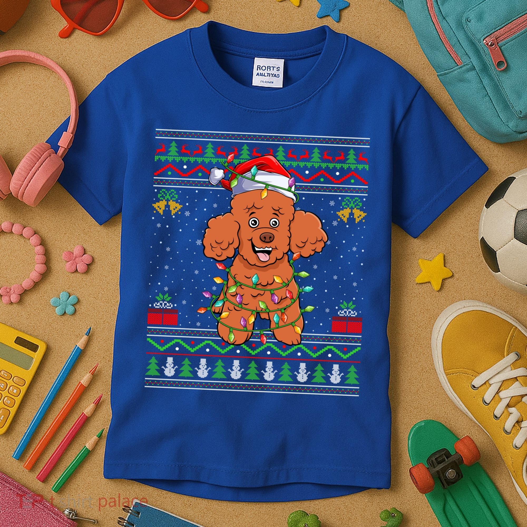 Ugly Xmas Sweater Style Santa Poodle Dog Christmas Gift Kids T-Shirt