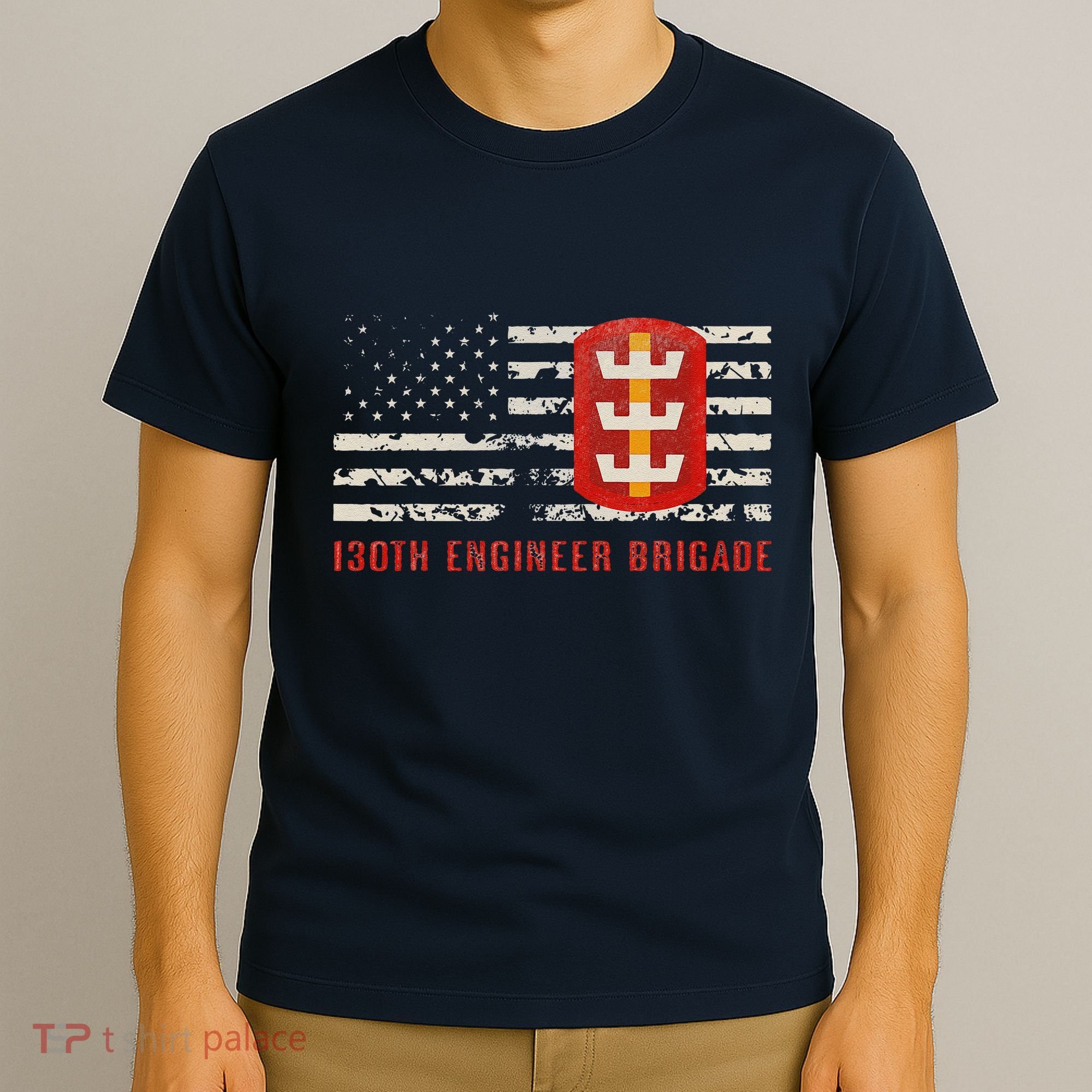 Vintage 130th Engineer Usa Brigade Usa Flag T-Shirt