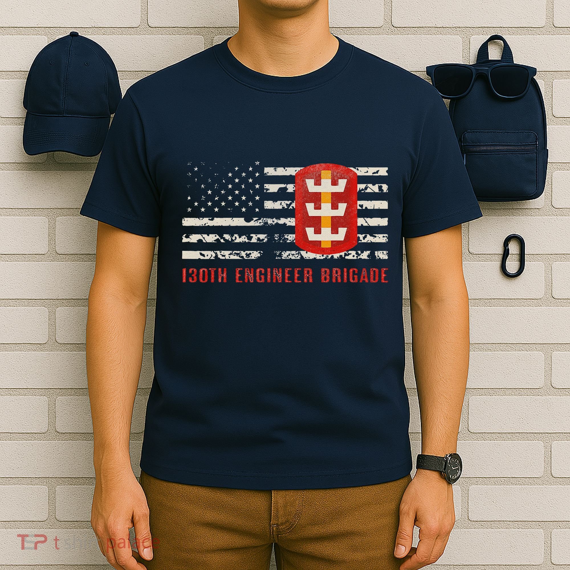 Vintage 130th Engineer Usa Brigade Usa Flag T-Shirt