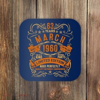 Vintage 63th Birthday March 1960 Birthday Coaster