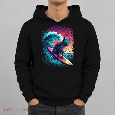 Vintage 80s Vaporwave Synthwave Retro Surfing Cat Kitten Hoodie