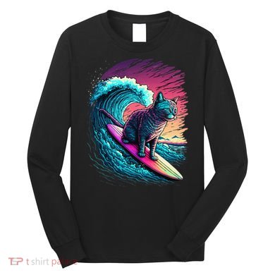 Vintage 80s Vaporwave Synthwave Retro Surfing Cat Kitten Long Sleeve Shirt