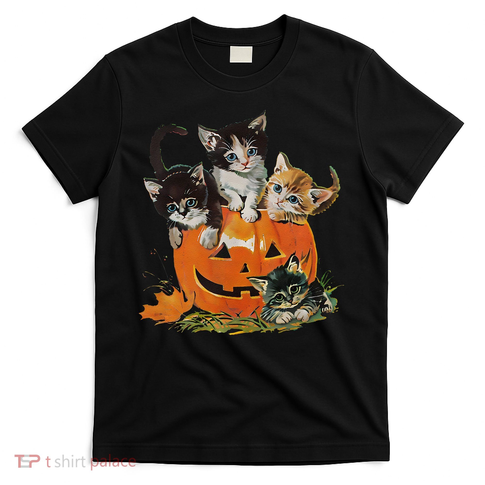 Vintage 90s Cat Pumpkin Halloween Retro Floral Spooky Season Gift T-Shirt