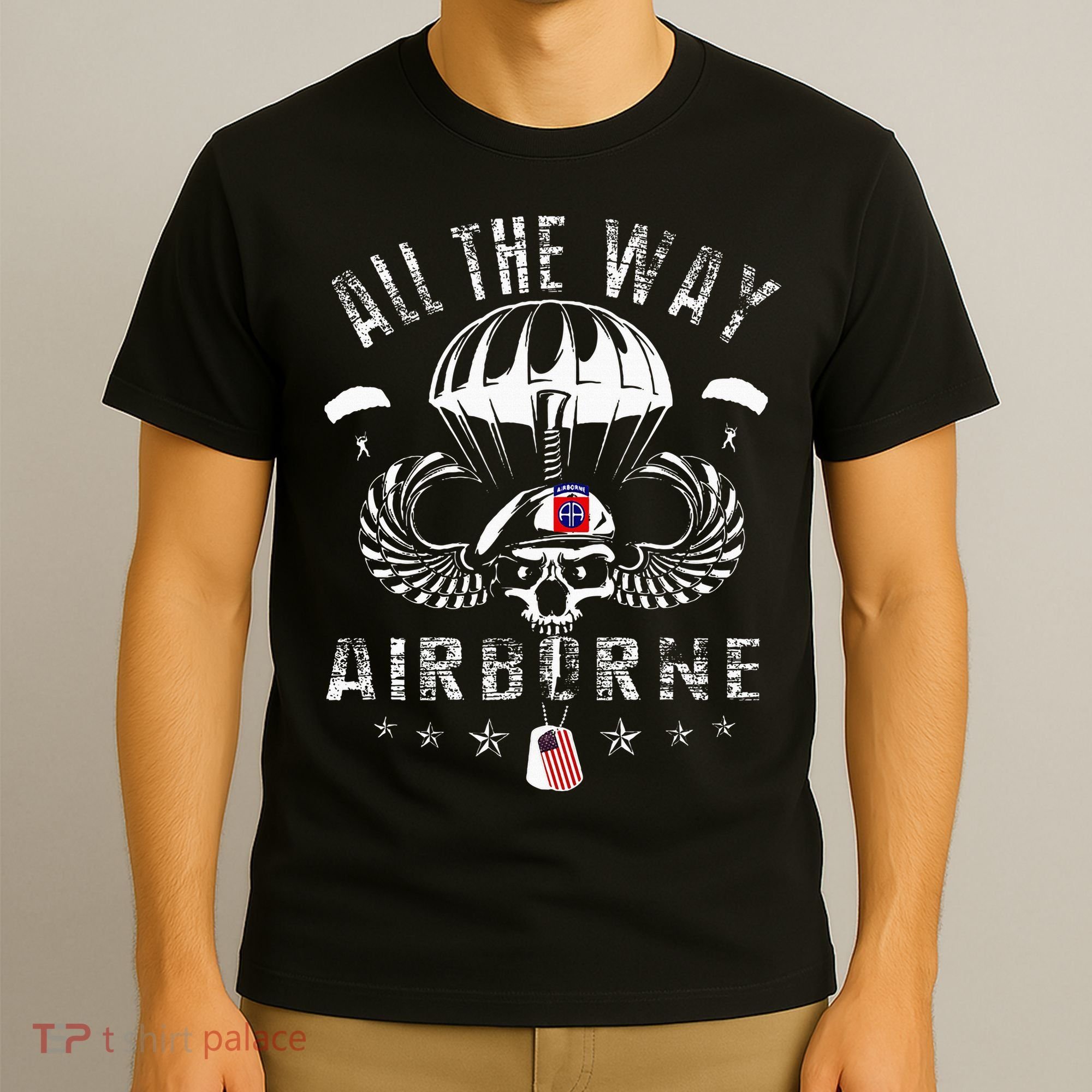 Vintage Army 82nd Airborne All The Way Skull Maroon Beret T-Shirt