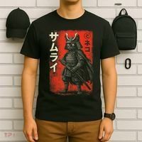 Vintage Anime Cat Samurai Japanese Funny Graphic Tees Cat  T-Shirt thumb 6