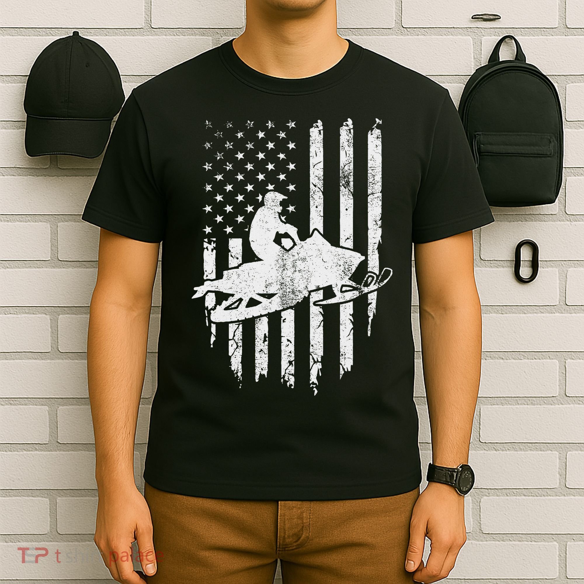 Vintage American Flag Snowmobiling Snowmobile Rider T-Shirt