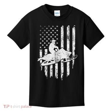 Vintage American Flag Snowmobiling Snowmobile Rider Kids T-Shirt