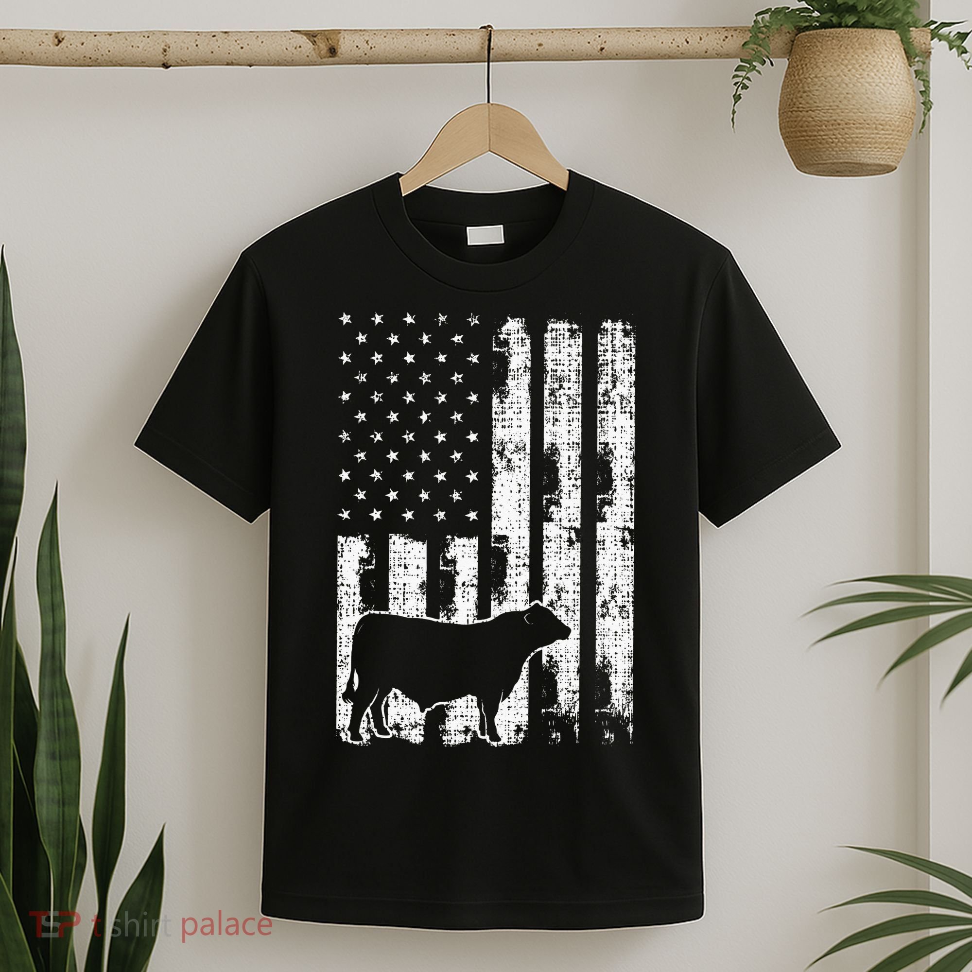 Vintage American Flag USA Cow Black Angus Rancher T-Shirt