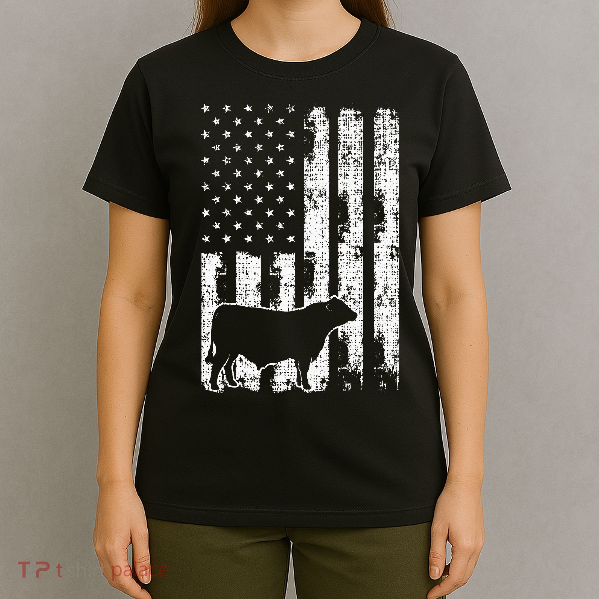 Vintage American Flag USA Cow Black Angus Rancher T-Shirt