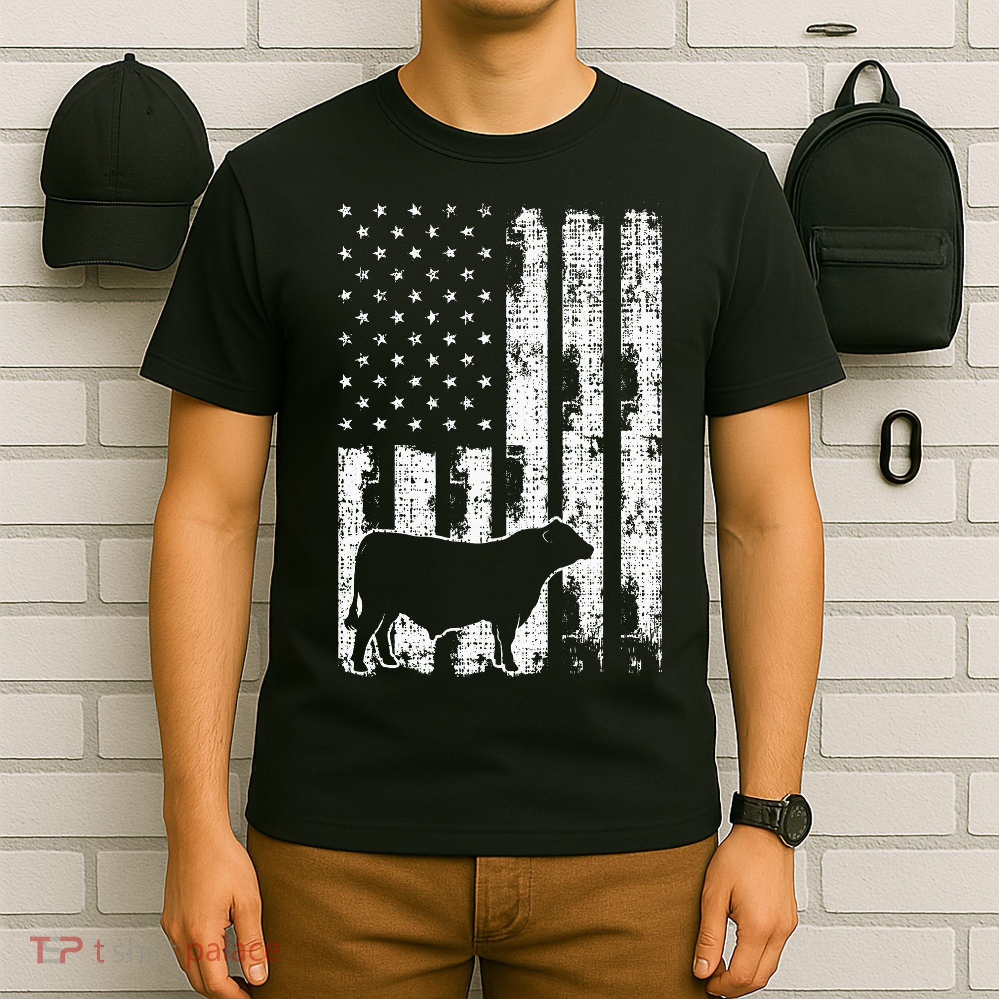 Vintage American Flag USA Cow Black Angus Rancher T-Shirt