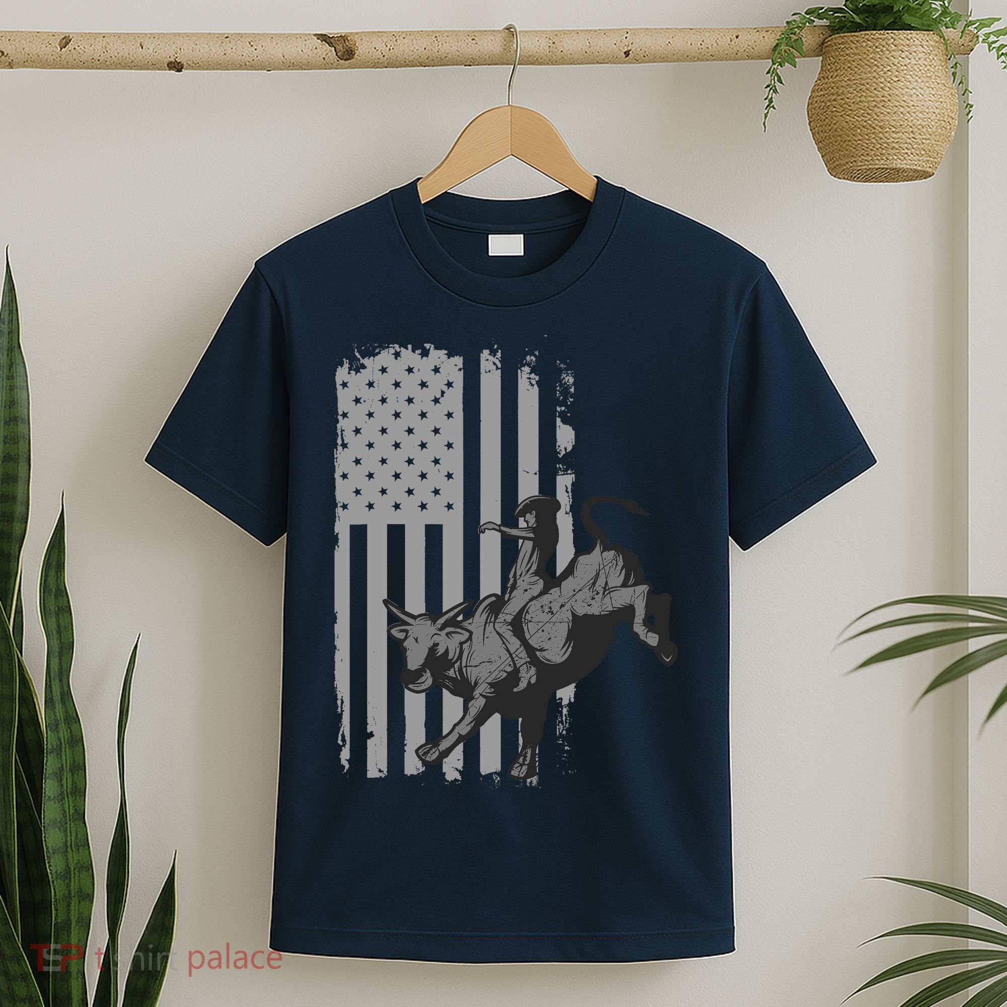 Vintage American Flag Bucking Bull Riding Patriotism Rodeo T-Shirt