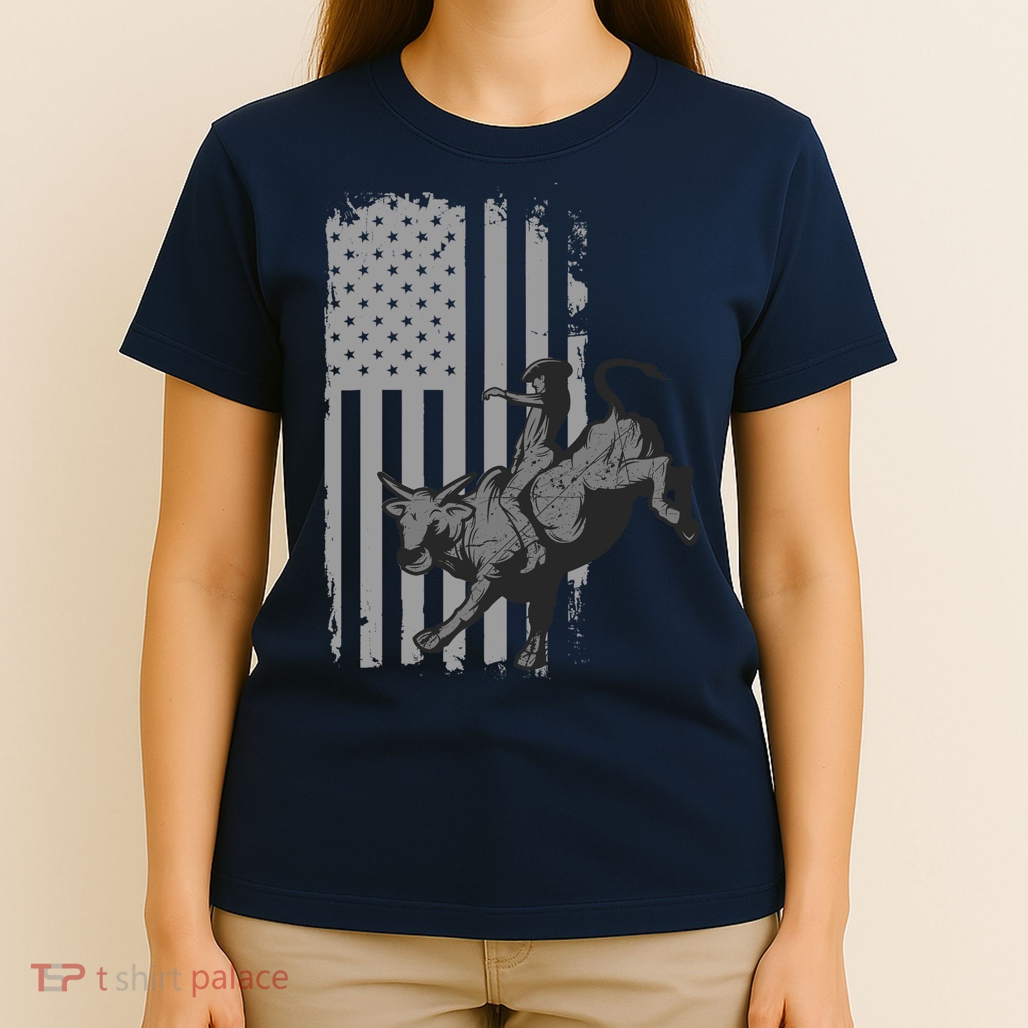 Vintage American Flag Bucking Bull Riding Patriotism Rodeo T-Shirt