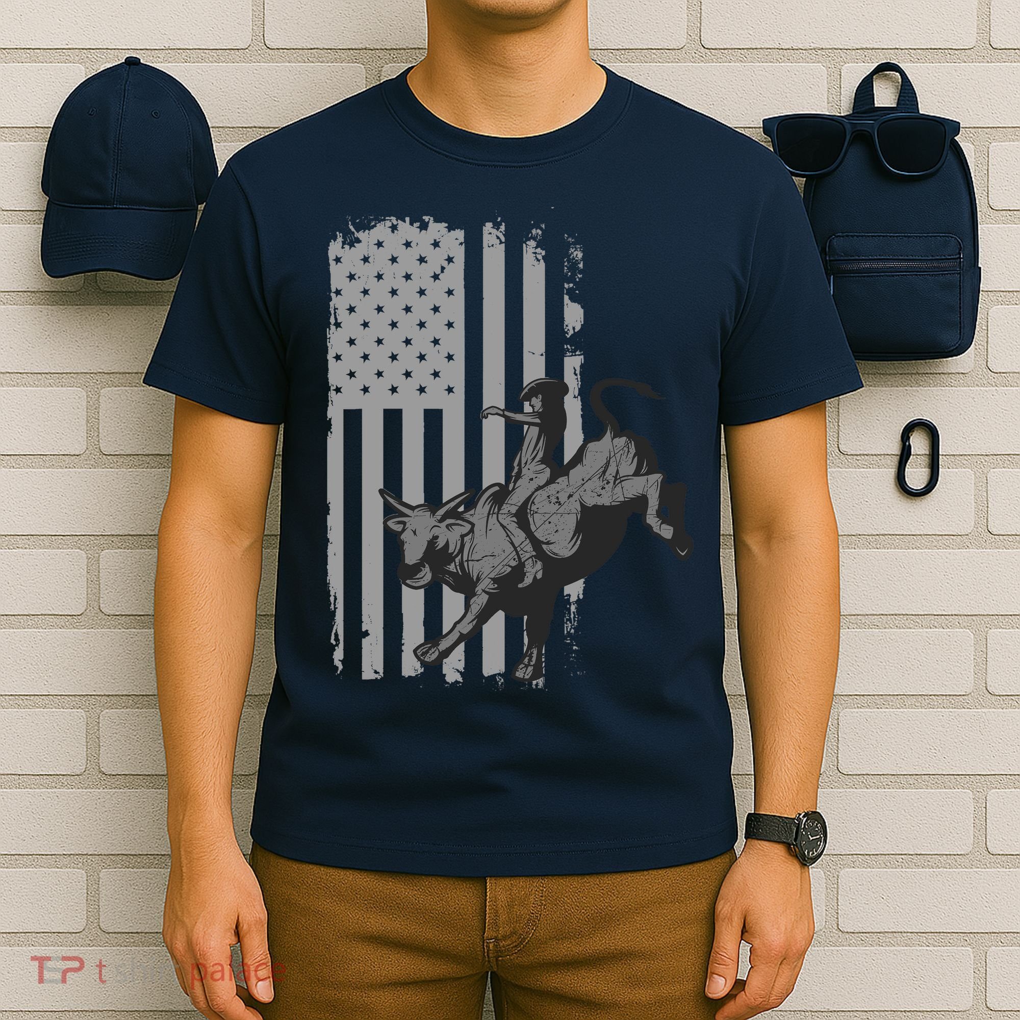 Vintage American Flag Bucking Bull Riding Patriotism Rodeo T-Shirt