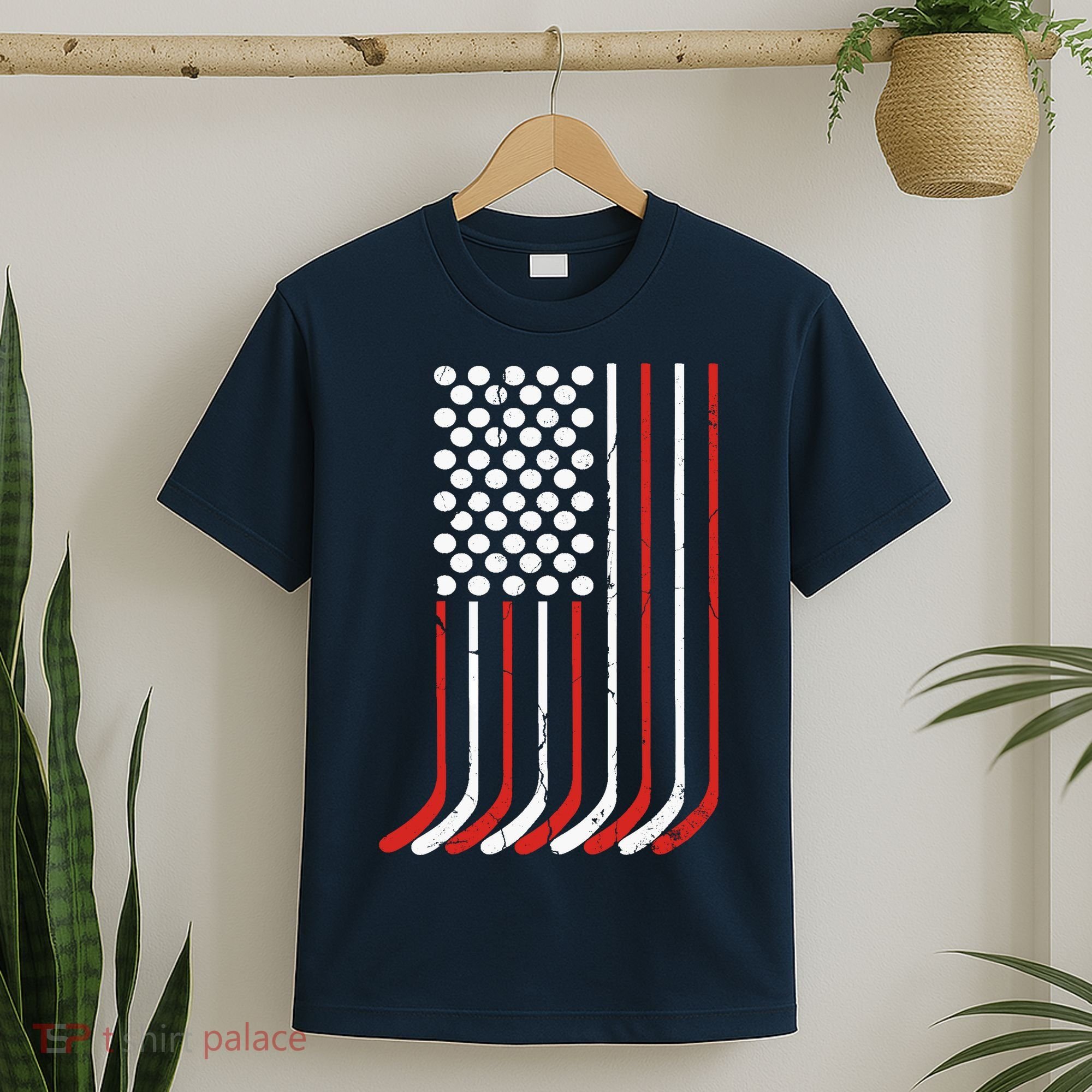 Vintage American Flag Hockey 4th July Boy USA T-Shirt