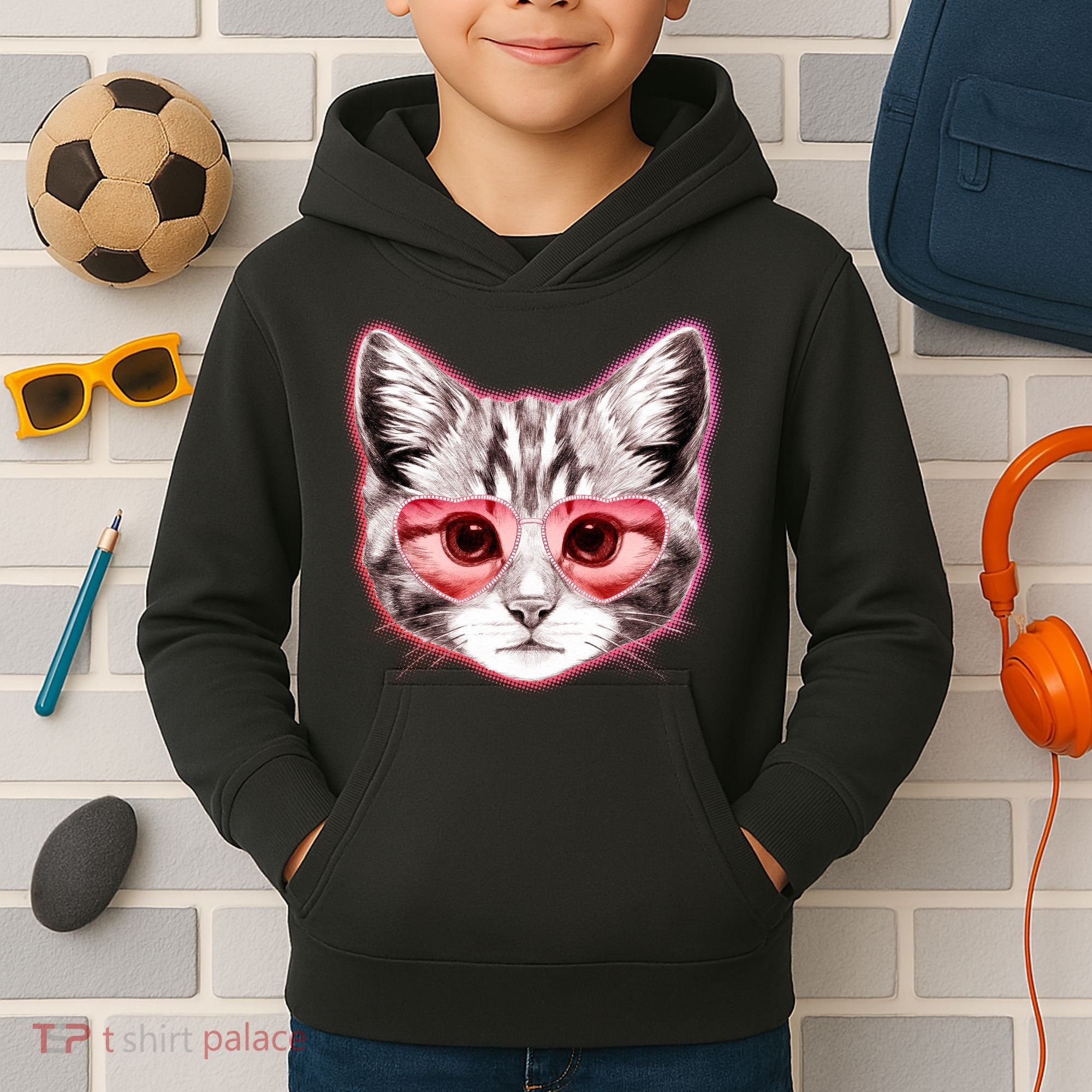 Valentine Cat Love Shades Kids Hoodie