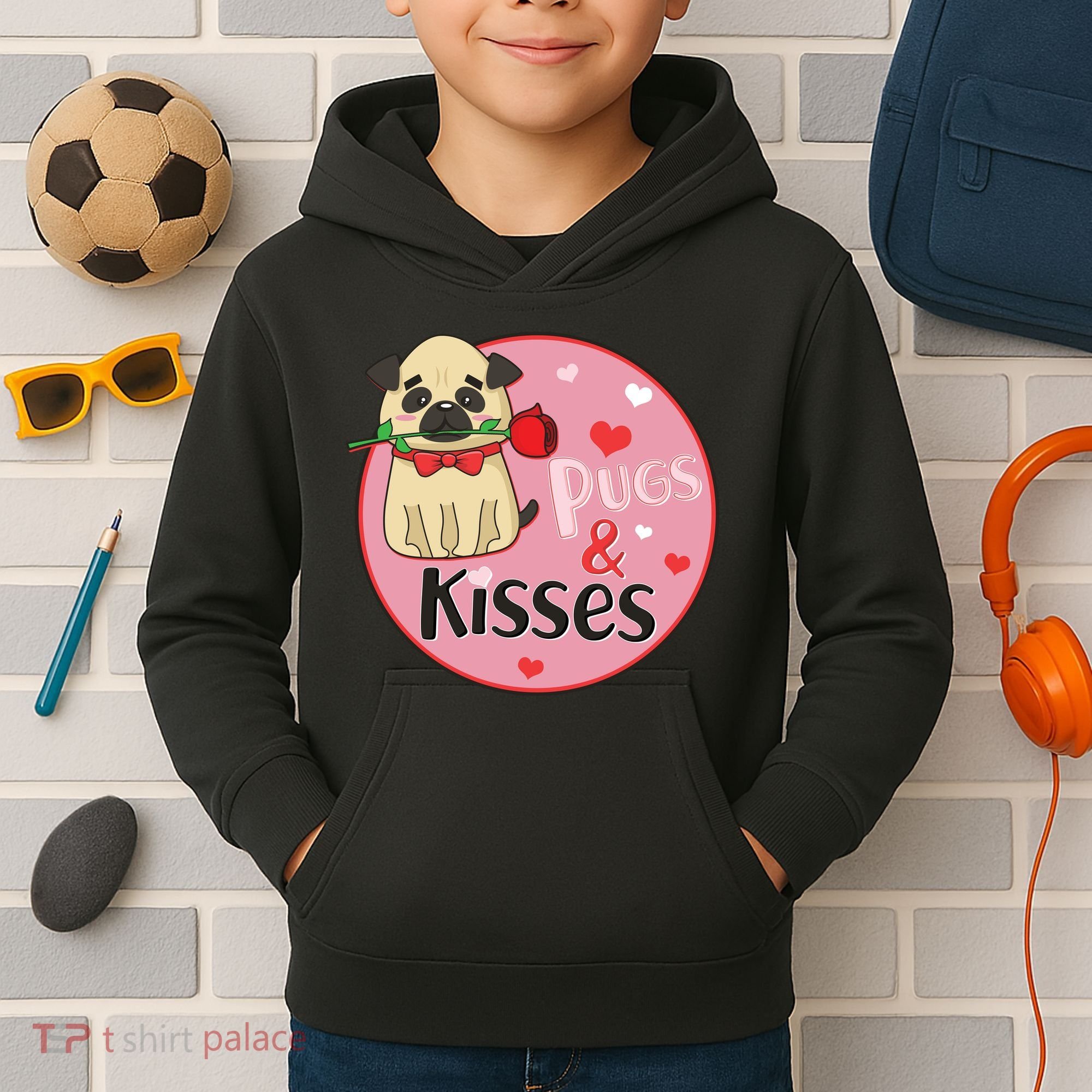 Valentine Pug And Kisses Kids Hoodie