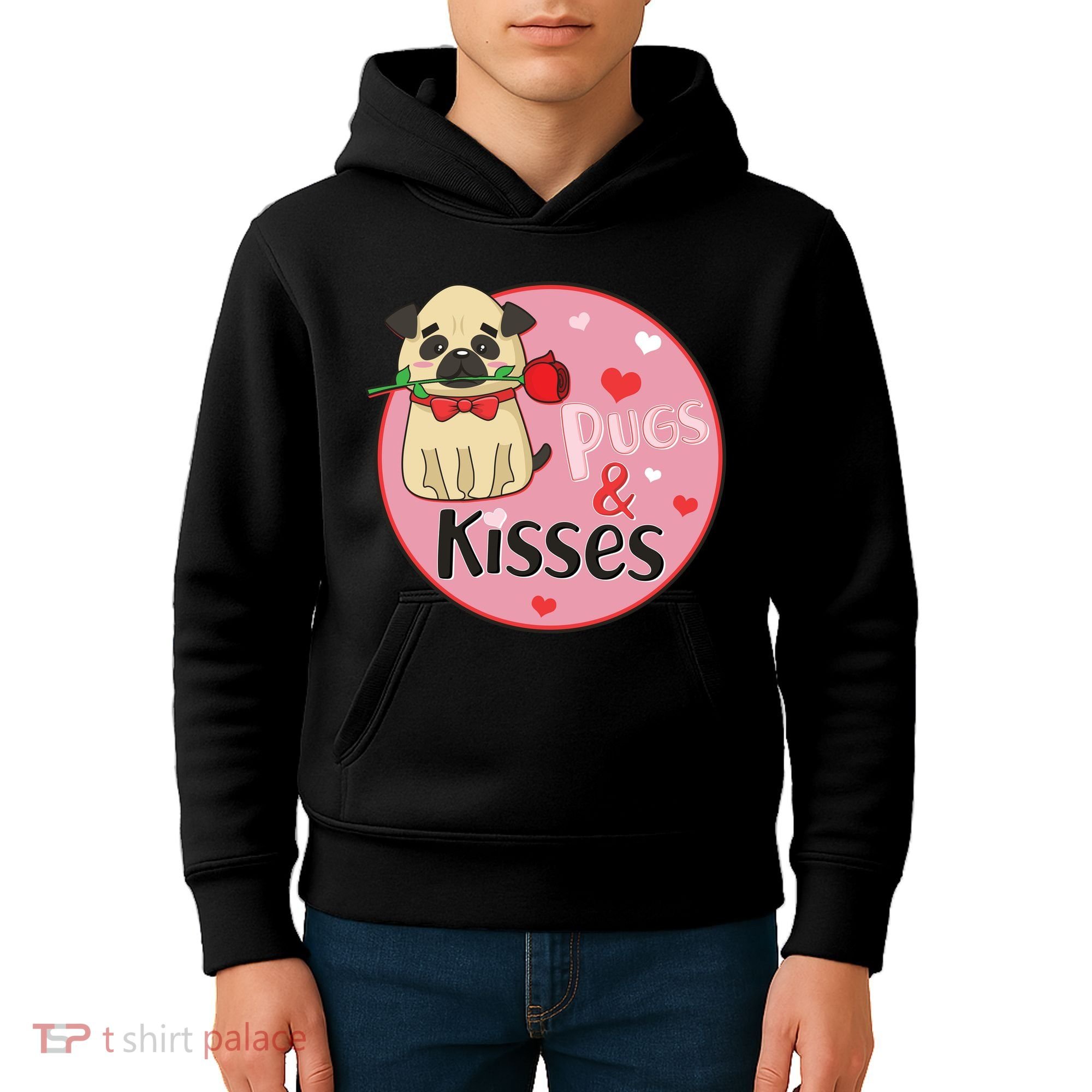 Valentine Pug And Kisses Kids Hoodie