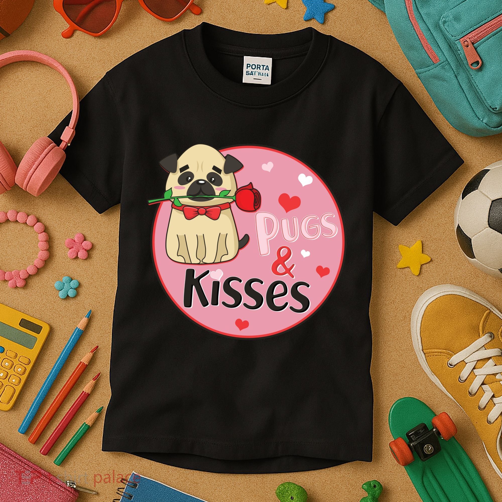 Valentine Pug And Kisses Kids T-Shirt