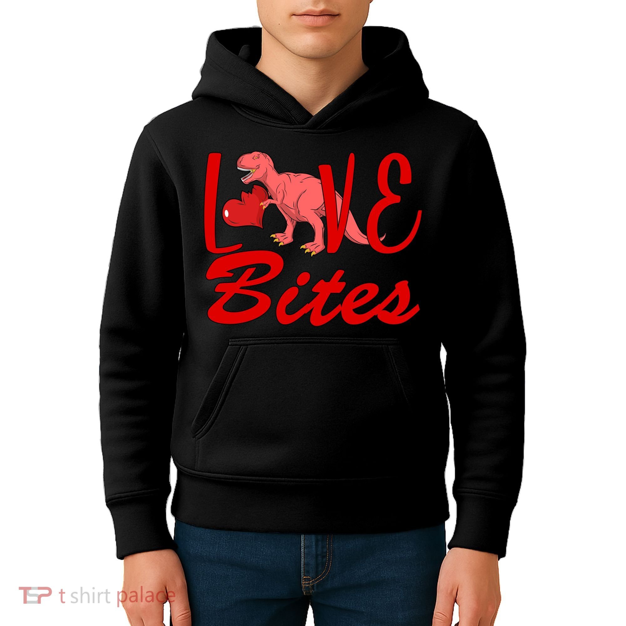 Valentines Day Love Bites Dinosaur Kids Hoodie