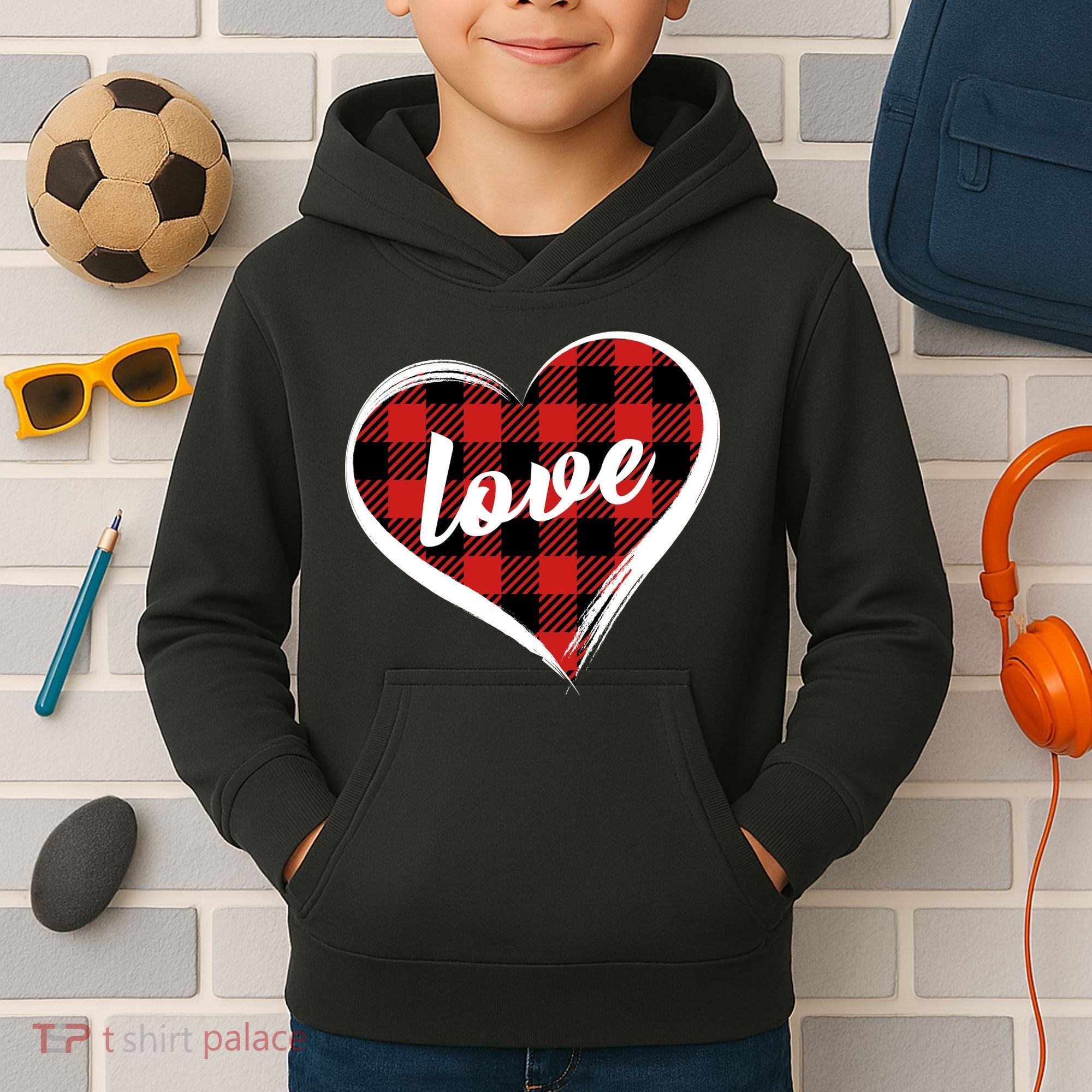 Valentines Day Love Plaid Heart Kids Hoodie