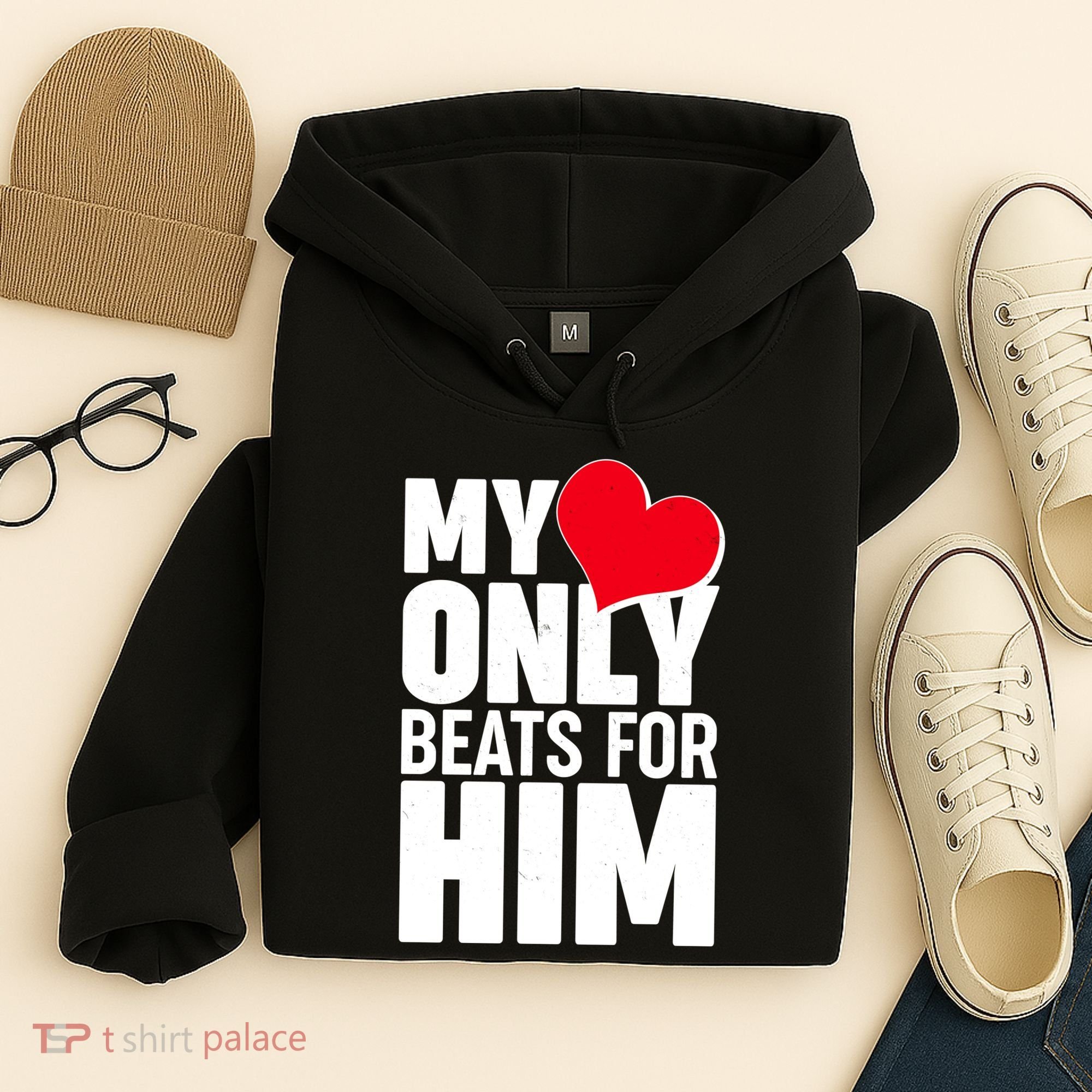 Valentine's Day My Heart Only Beats for Him Matching Couples Hoodie