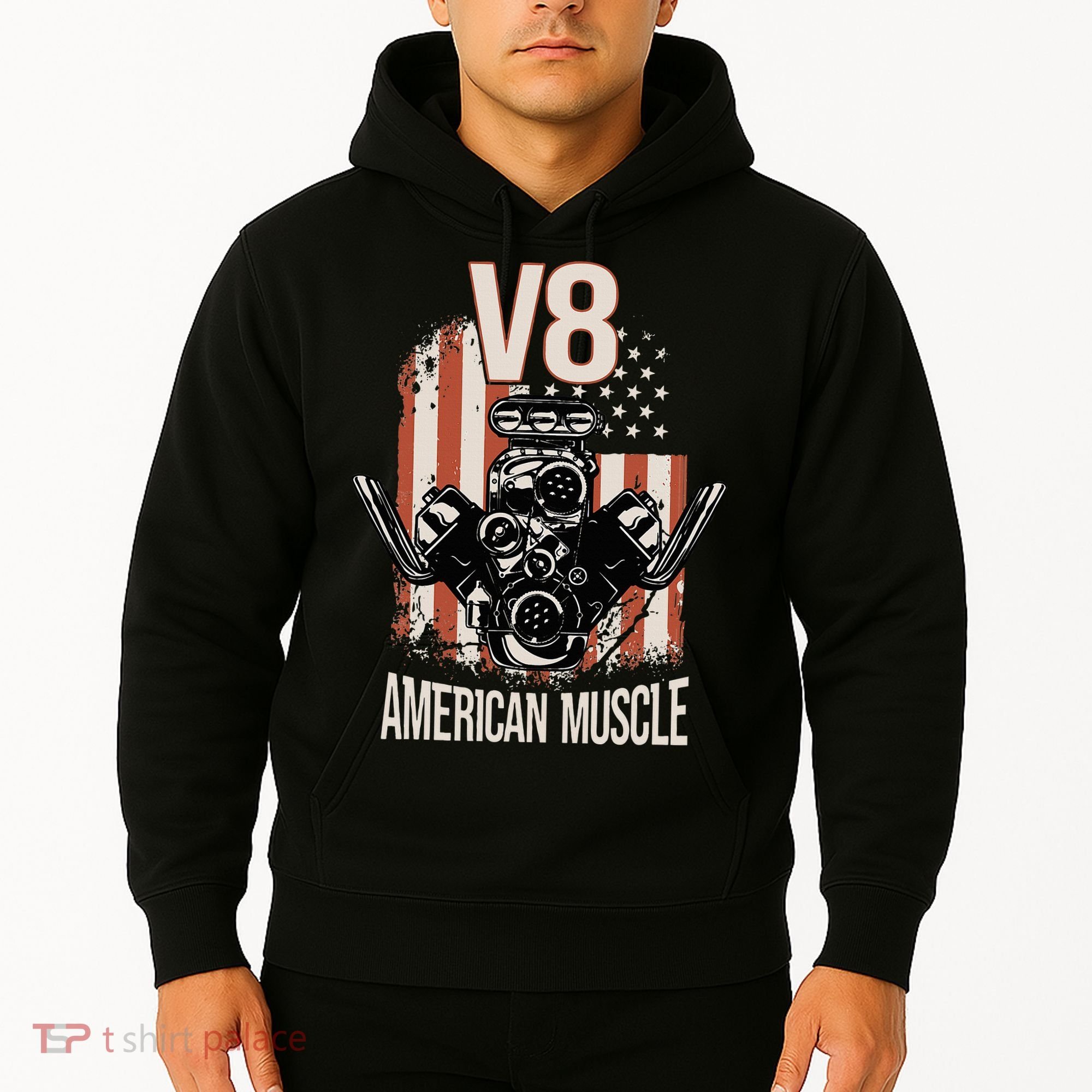 V8 American Muscle Car Usa Flag Engine V8 Hoodie
