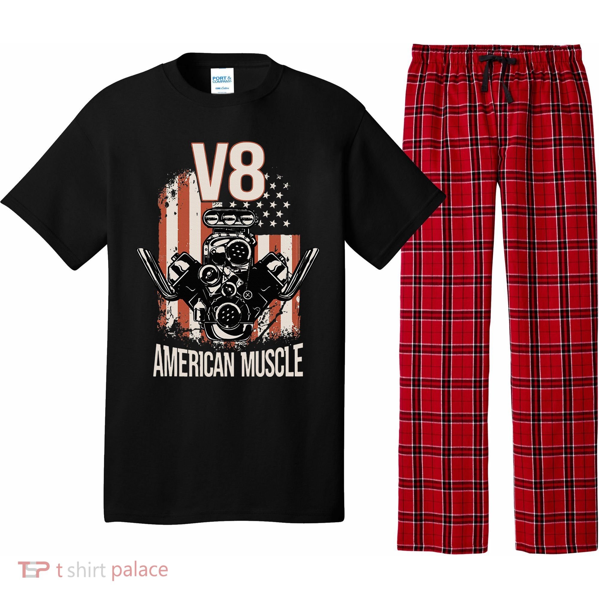 V8 American Muscle Car Usa Flag Engine V8 Pajama Set