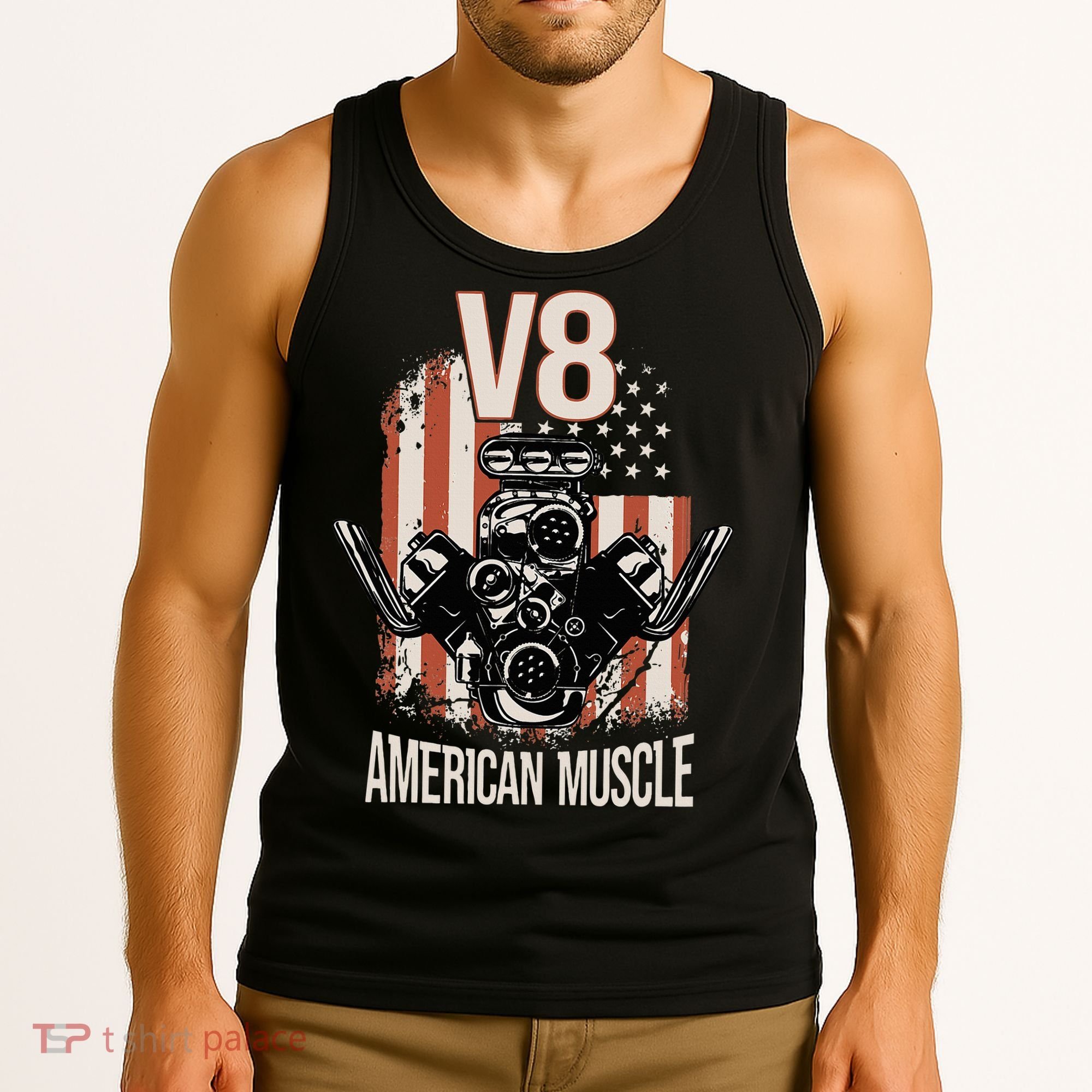 V8 American Muscle Car Usa Flag Engine V8 Tank Top