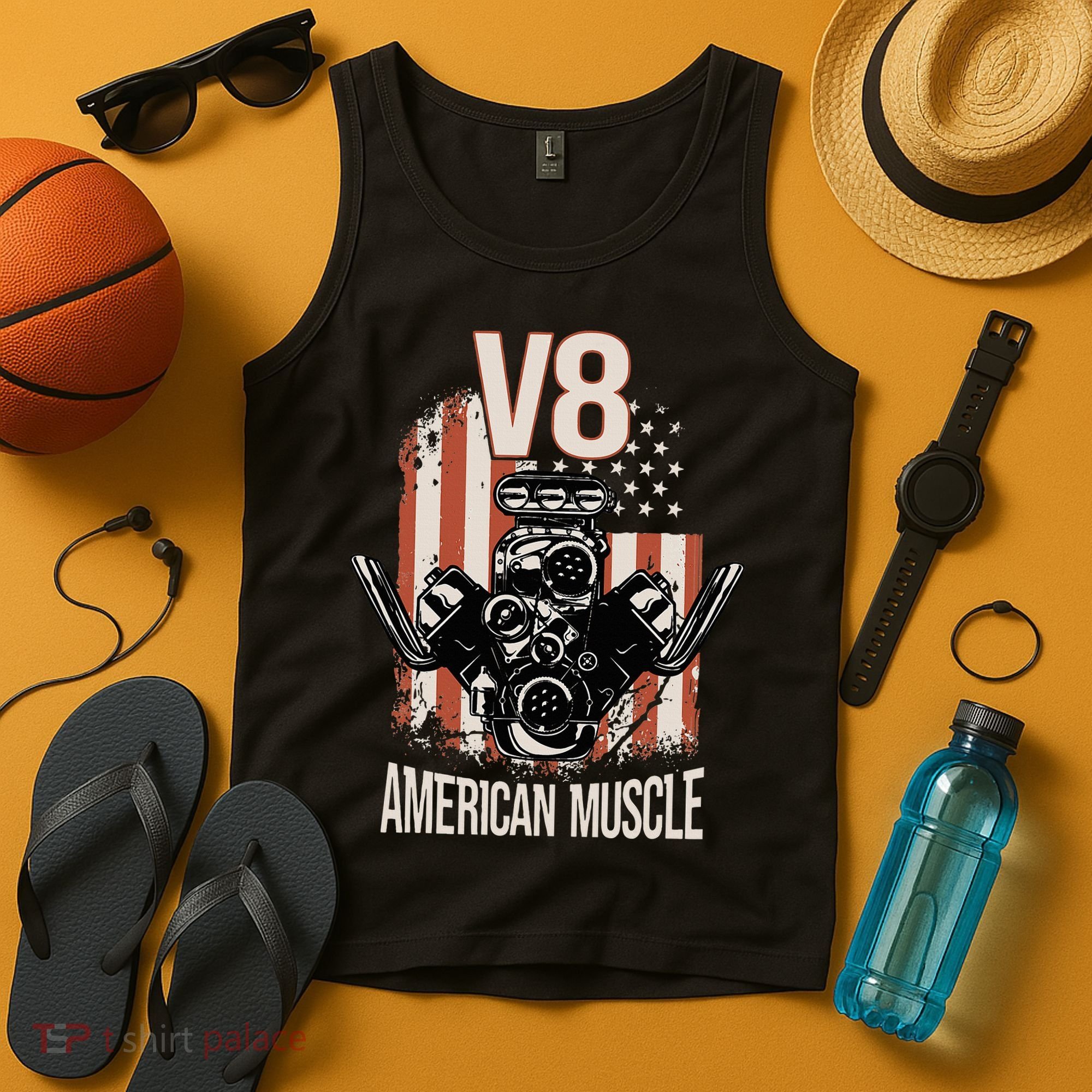 V8 American Muscle Car Usa Flag Engine V8 Tank Top
