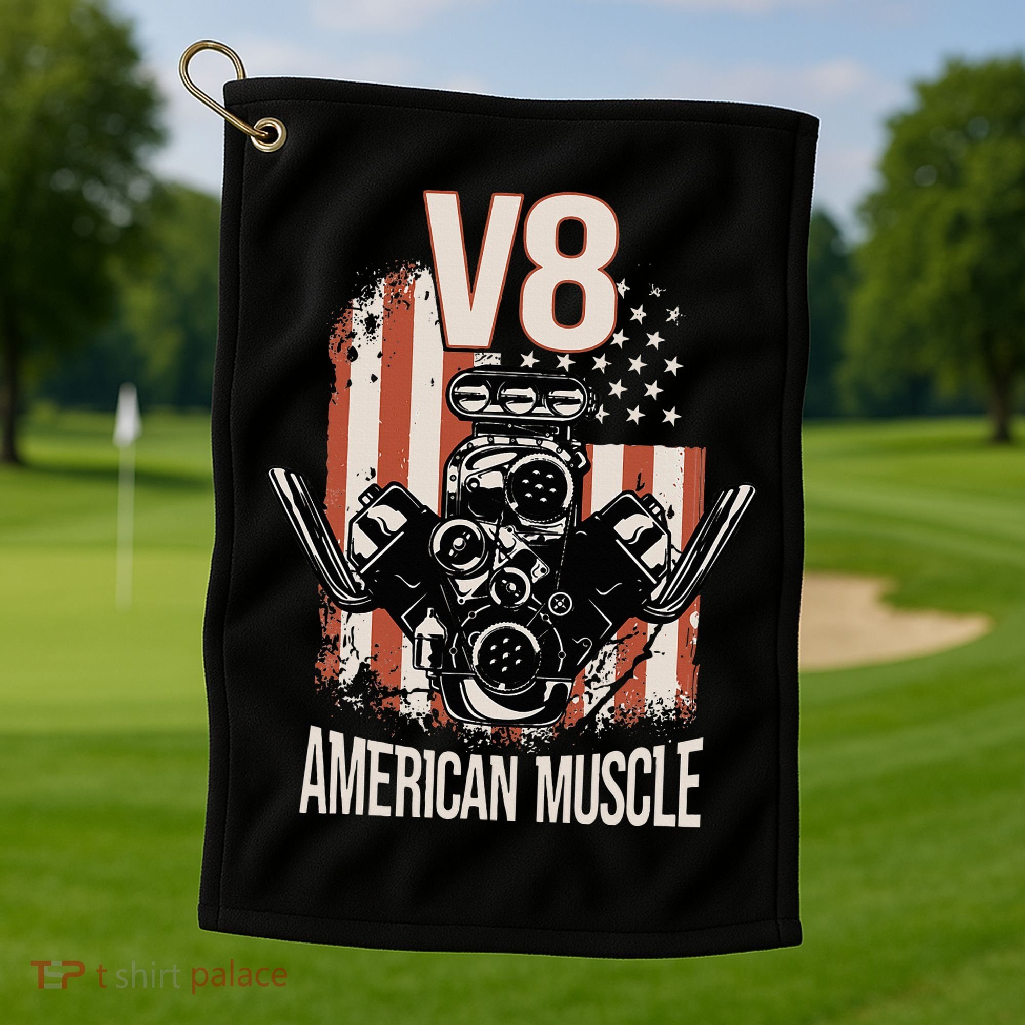 V8 American Muscle Car Usa Flag Engine V8 Golf Towel