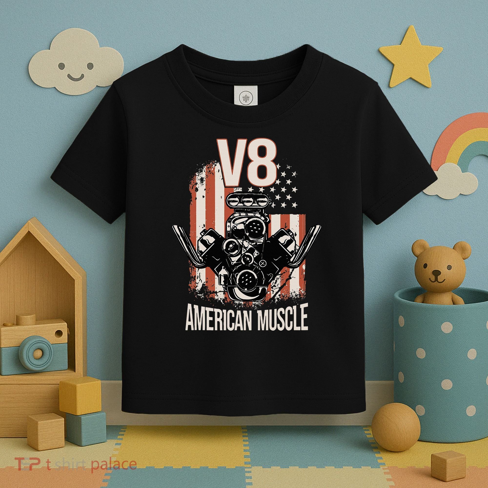 V8 American Muscle Car Usa Flag Engine V8 Toddler T-Shirt