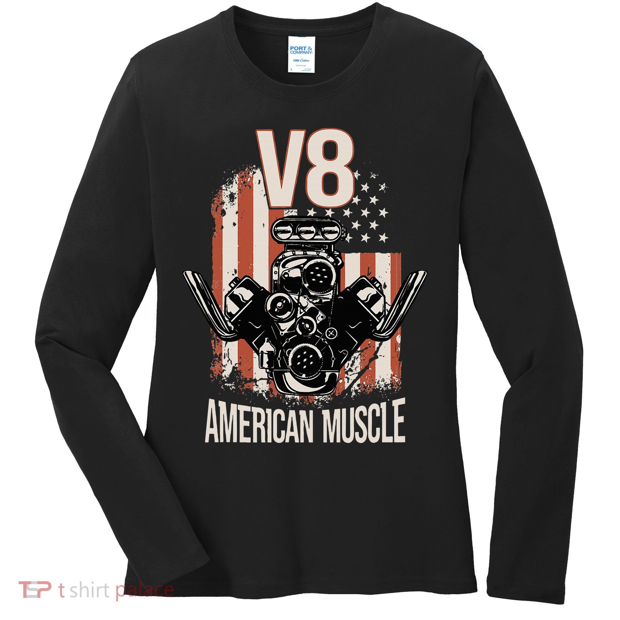 V8 American Muscle Car Usa Flag Engine V8 Women's Long Sleeve Shirt
