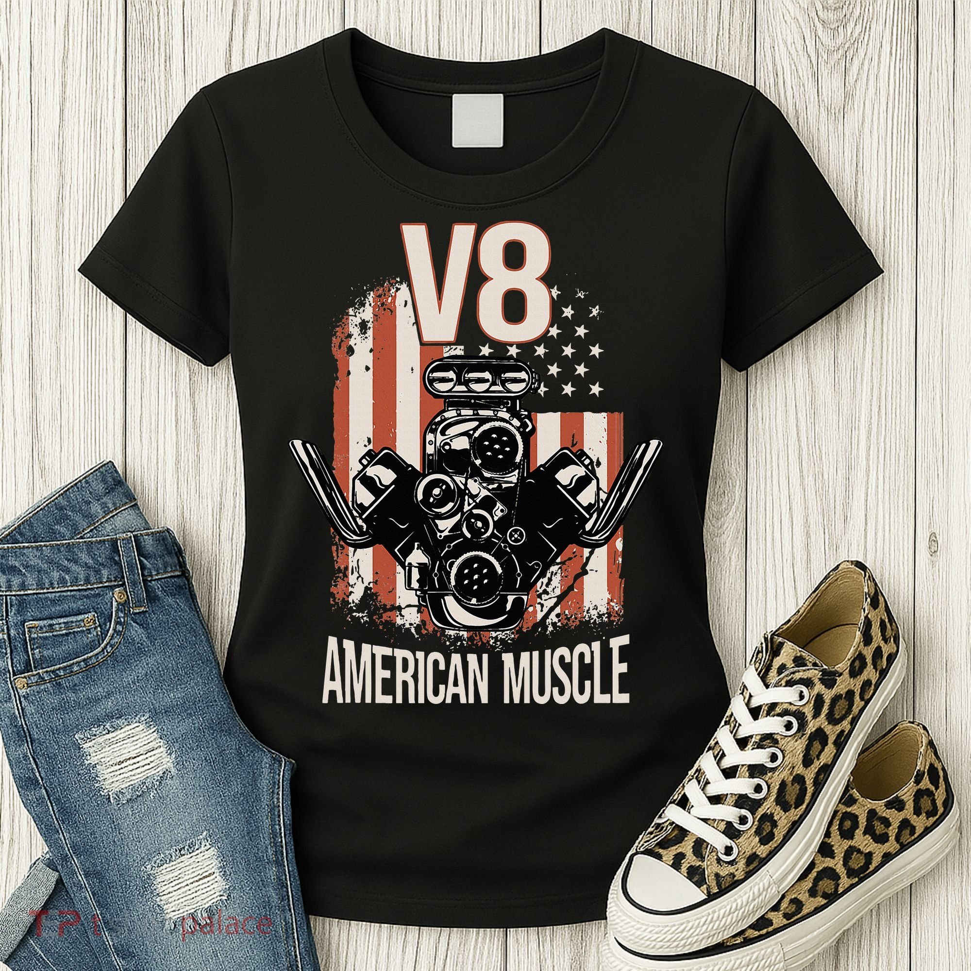 V8 American Muscle Car Usa Flag Engine V8 Women's T-Shirt