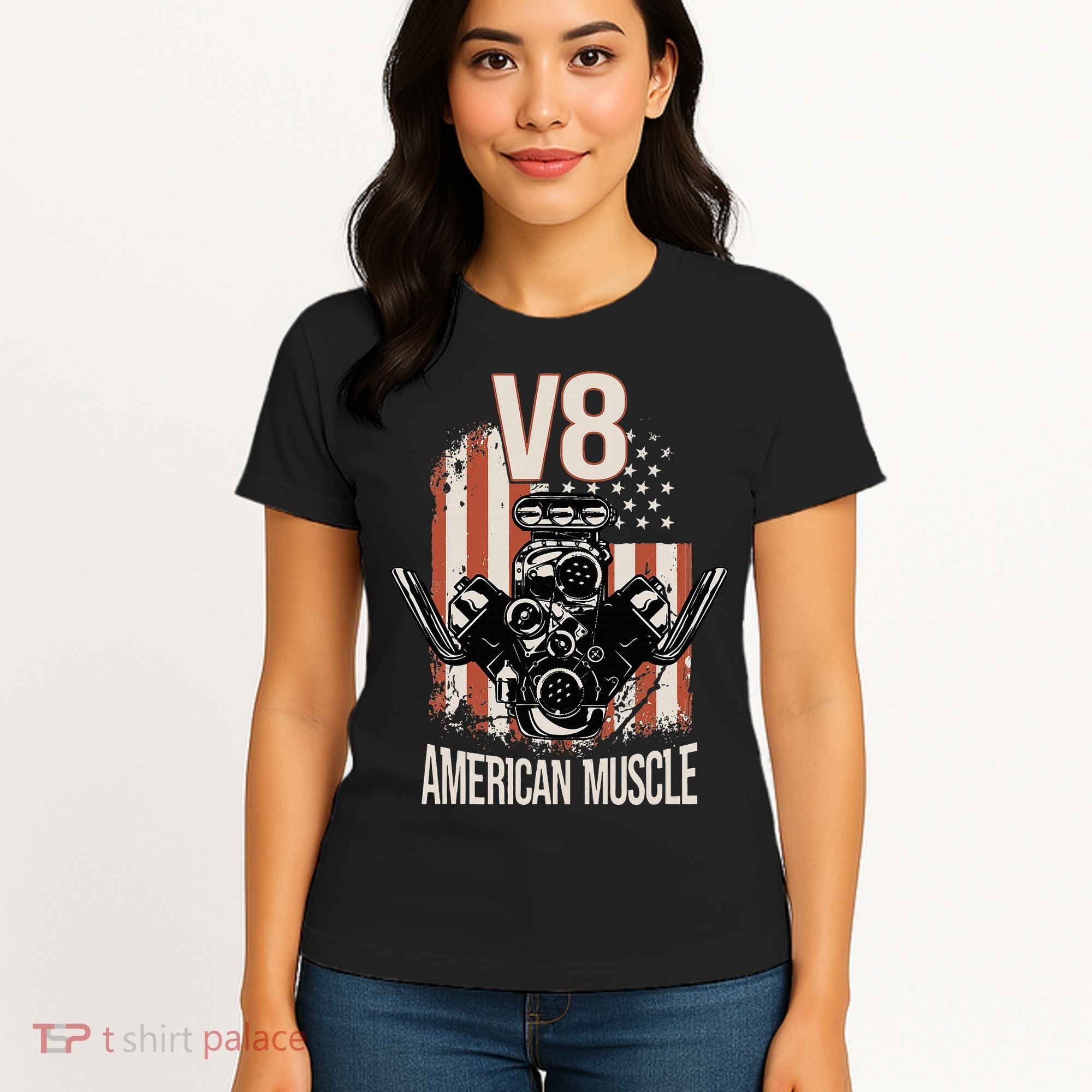V8 American Muscle Car Usa Flag Engine V8 Women's T-Shirt