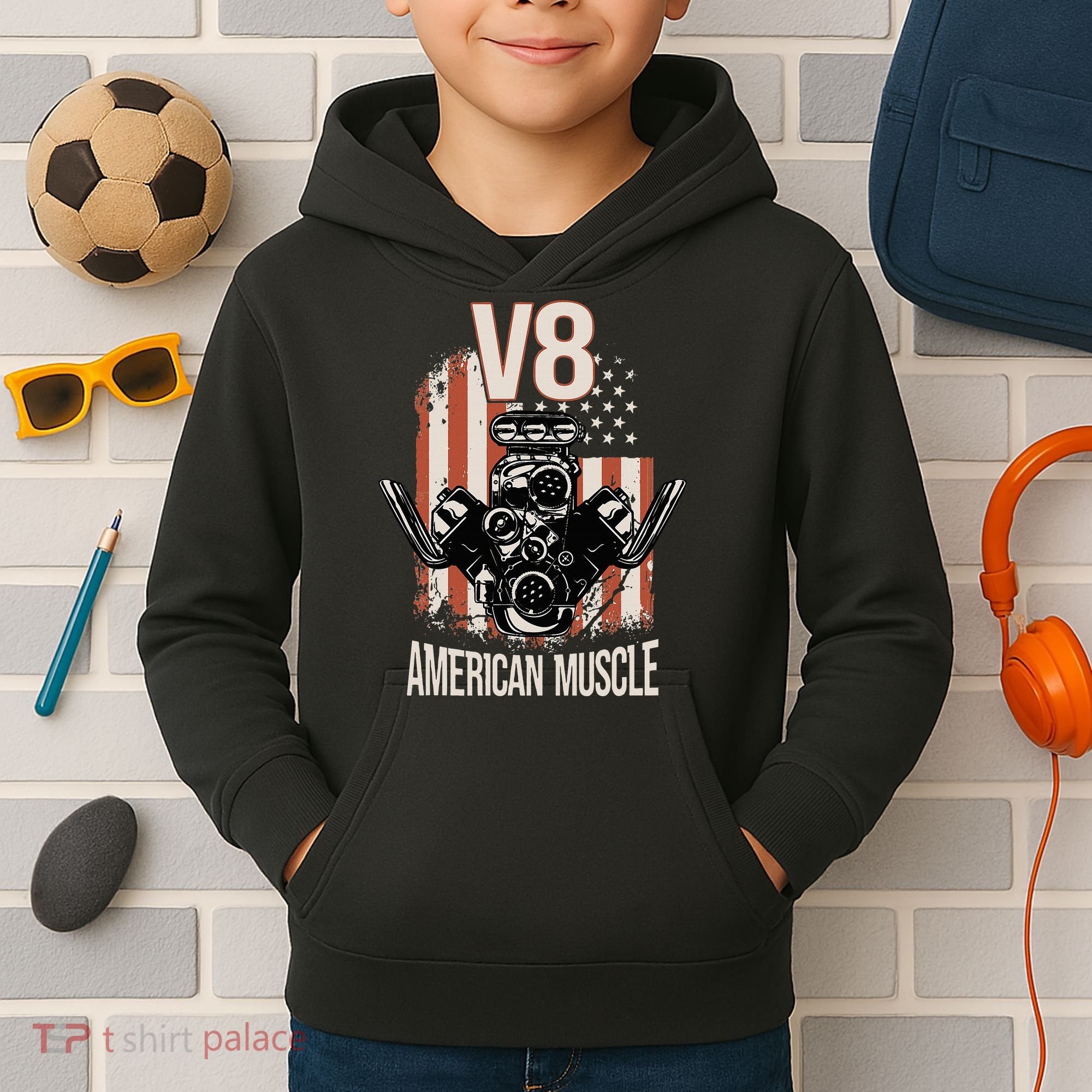 V8 American Muscle Car Usa Flag Engine V8 Kids Hoodie