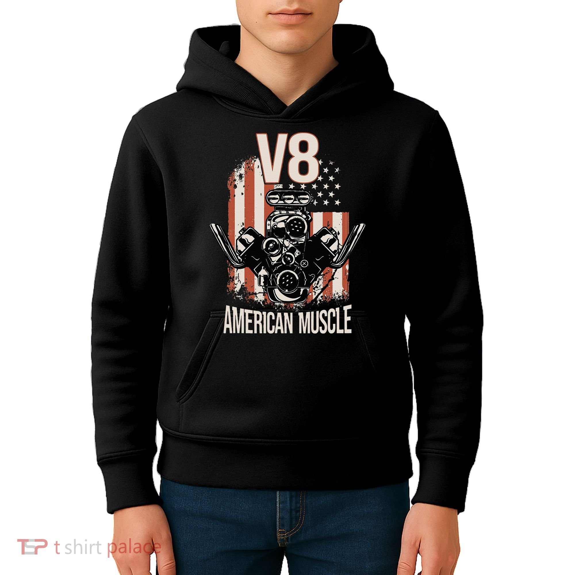 V8 American Muscle Car Usa Flag Engine V8 Kids Hoodie