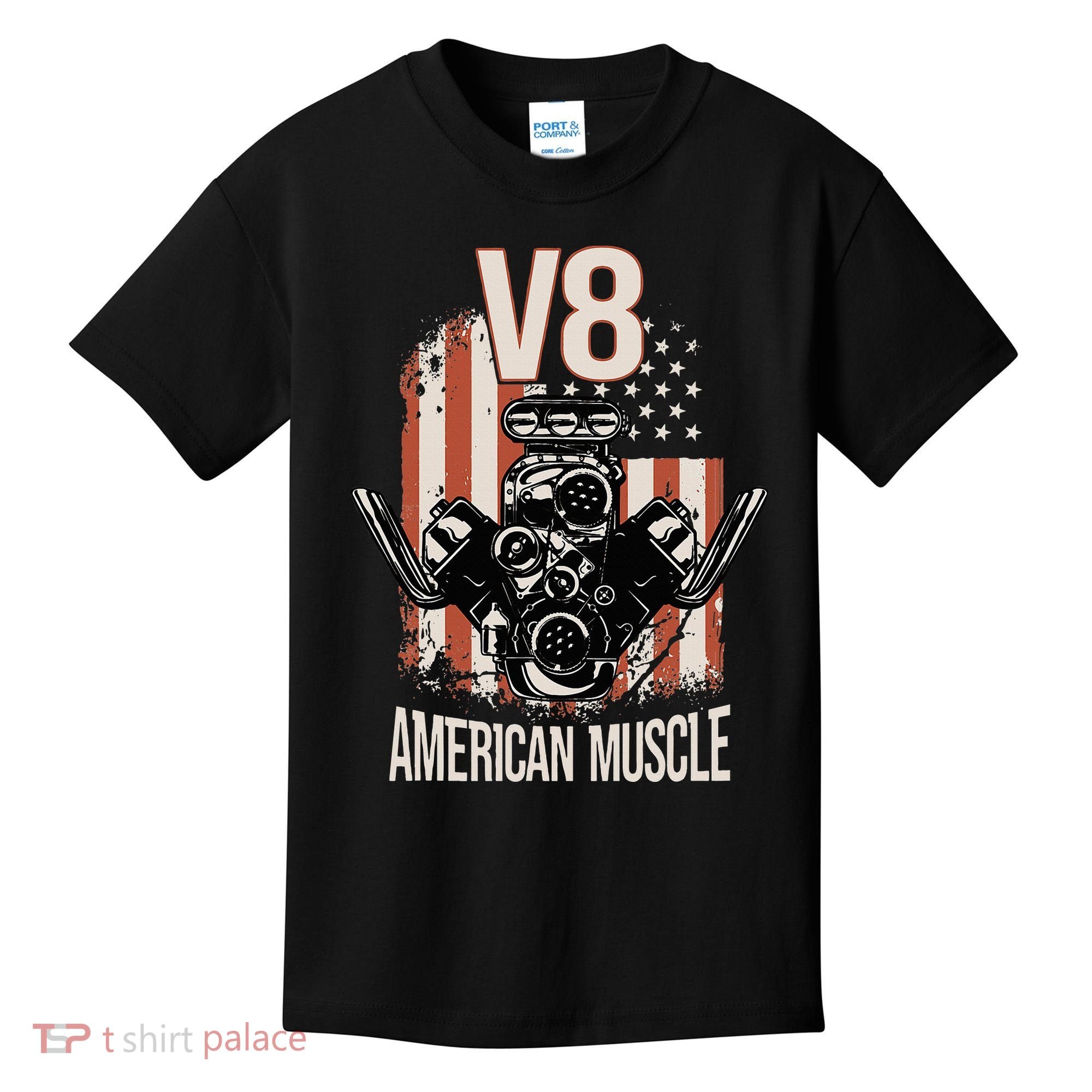 V8 American Muscle Car Usa Flag Engine V8 Kids T-Shirt