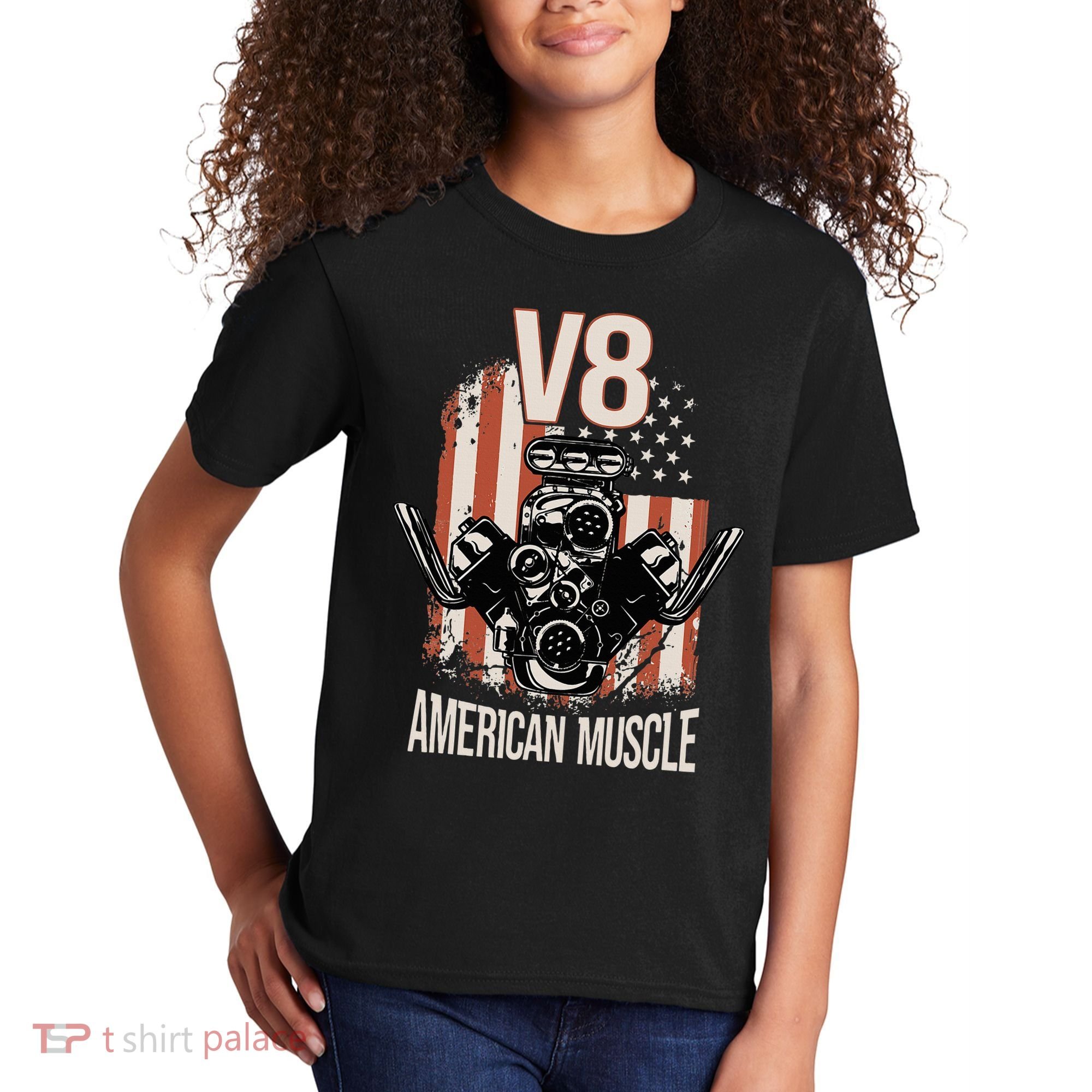 V8 American Muscle Car Usa Flag Engine V8 Kids T-Shirt