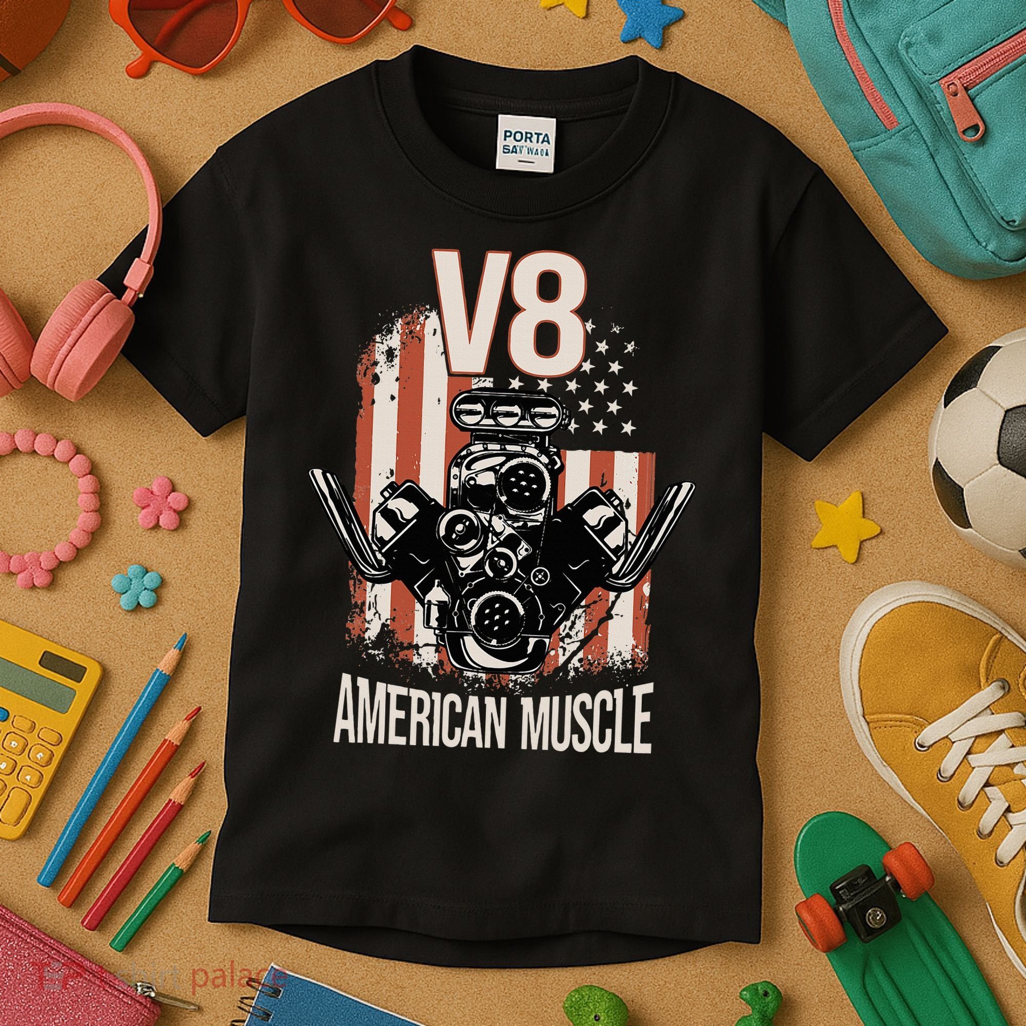 V8 American Muscle Car Usa Flag Engine V8 Kids T-Shirt
