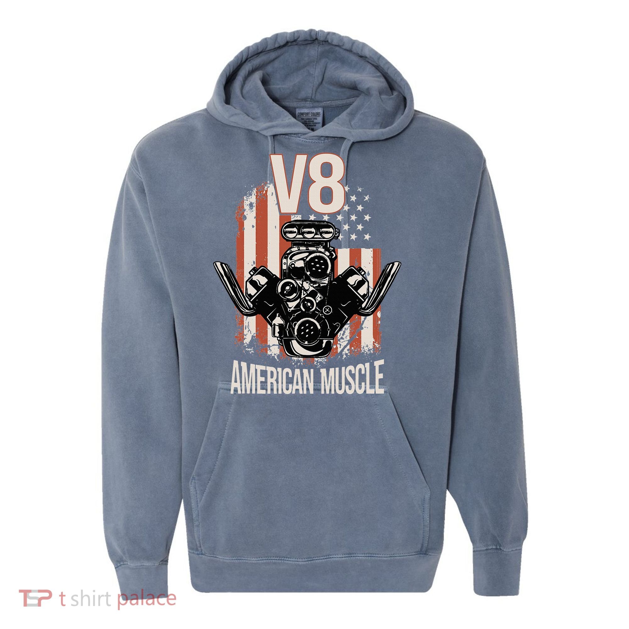 V8 American Muscle Car Usa Flag Engine V8 Comfort Colors Garment-Dyed Hooded Sweatshirt